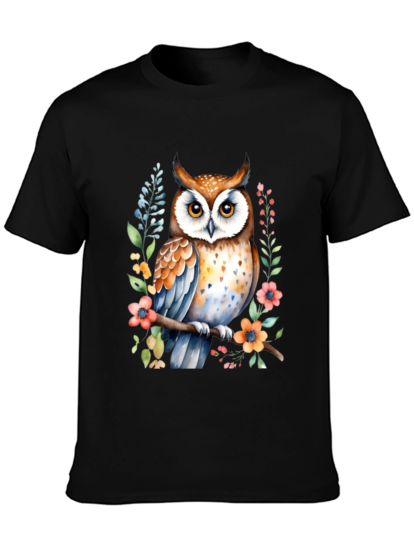Black Owl Watercolor Graphic Tee - Unique Floral Design view 3