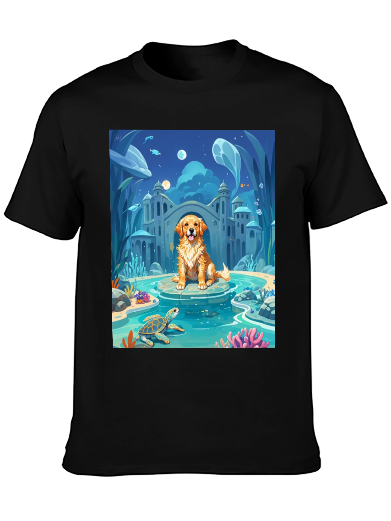 Black Underwater Dog Cartoon Graphic Tee view 3