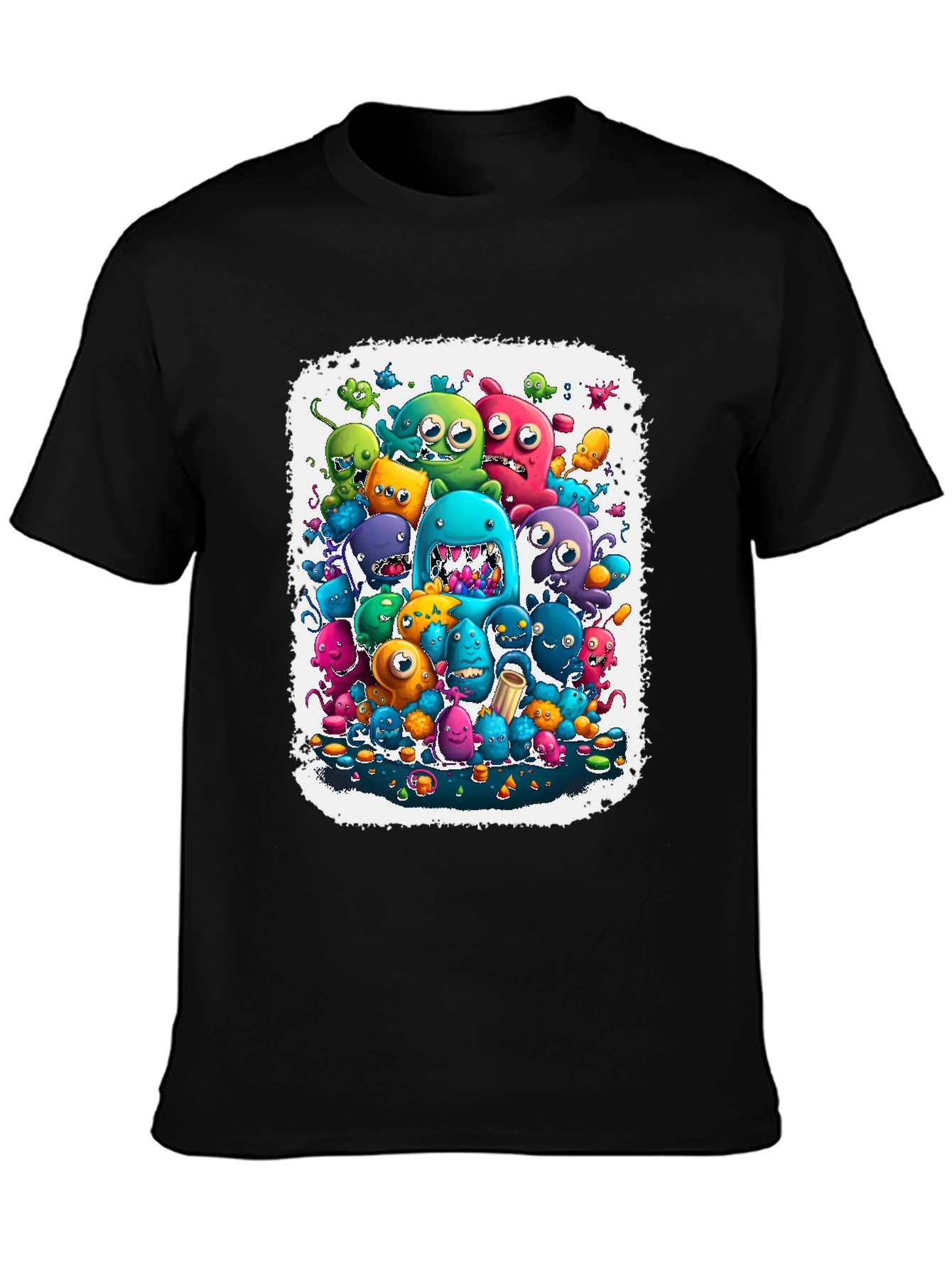 Black Monster Mash Tee: Colorful Cartoon Graphic Print view 3