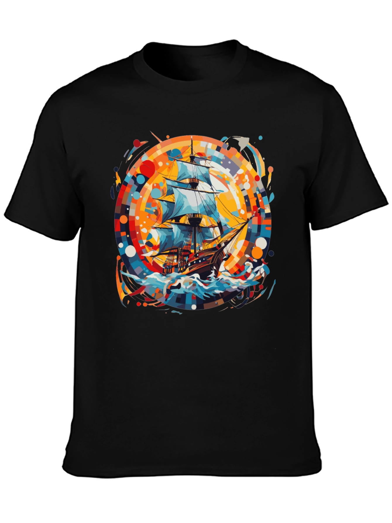 Black Nautical Adventure Tee: Ship Graphic Black Cotton Shirt view 3