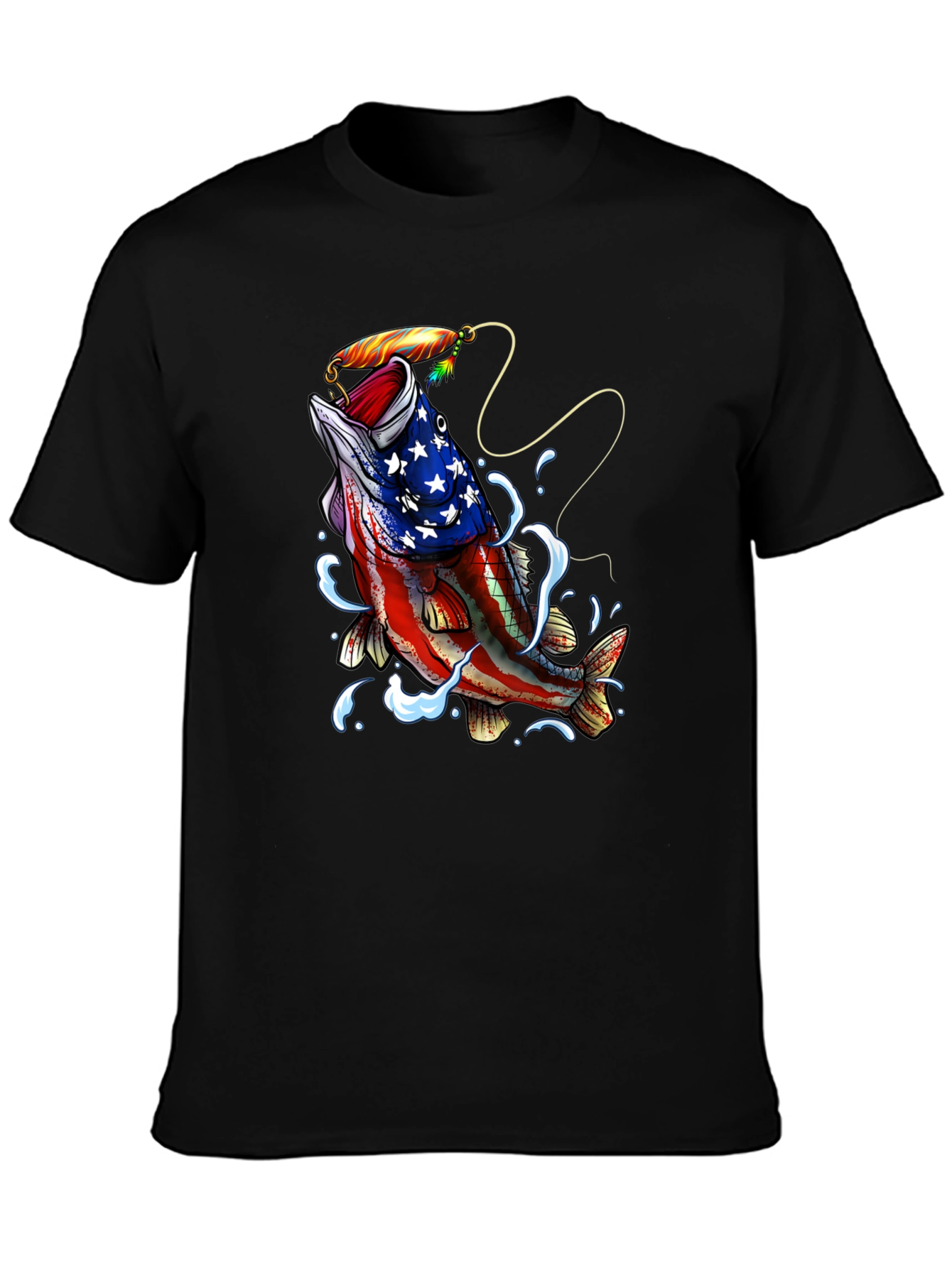 Black American Flag Bass Fishing Graphic T-Shirt view 3