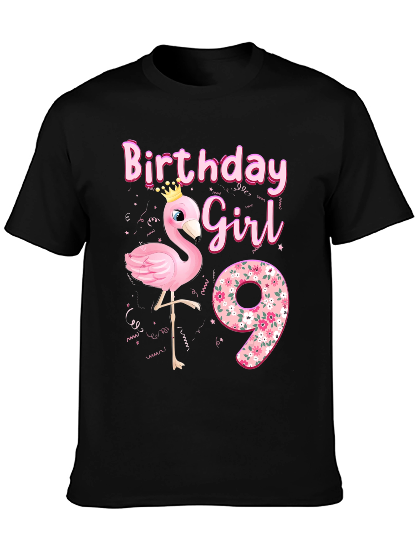 Black Birthday Girl 9th Flamingo T-Shirt view 3