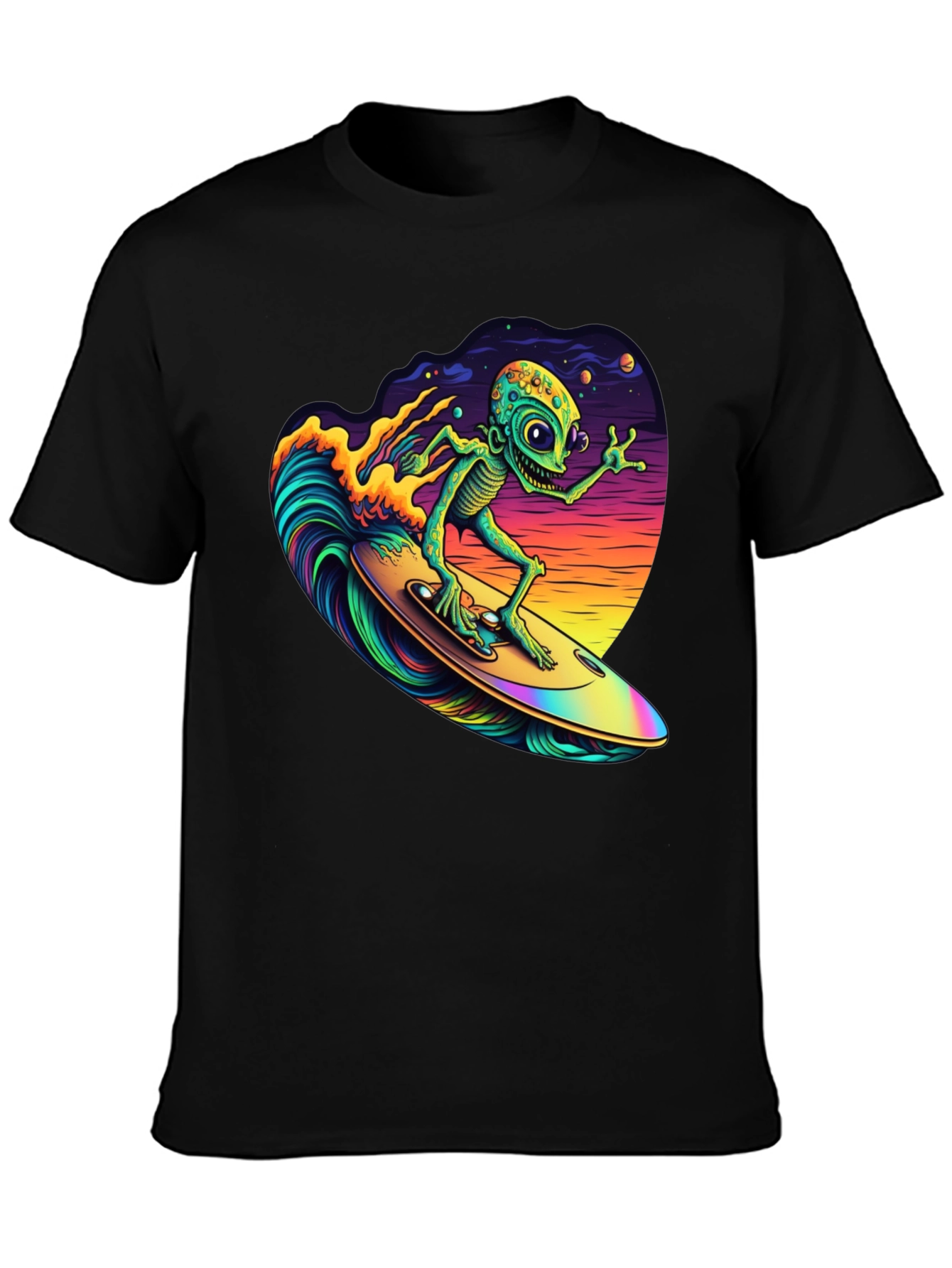 Black Surfing Alien T-Shirt - Black Cotton Tee view 3