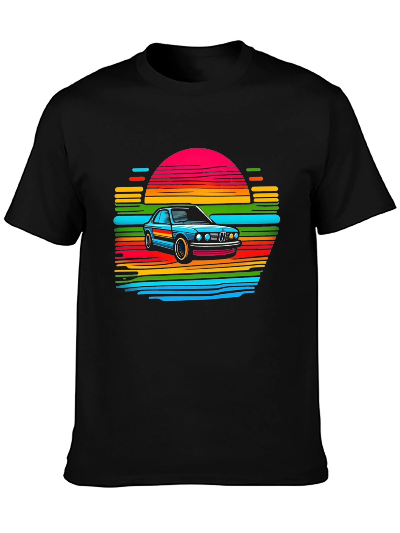 Black Retro Car Sunset T-Shirt - Black view 3