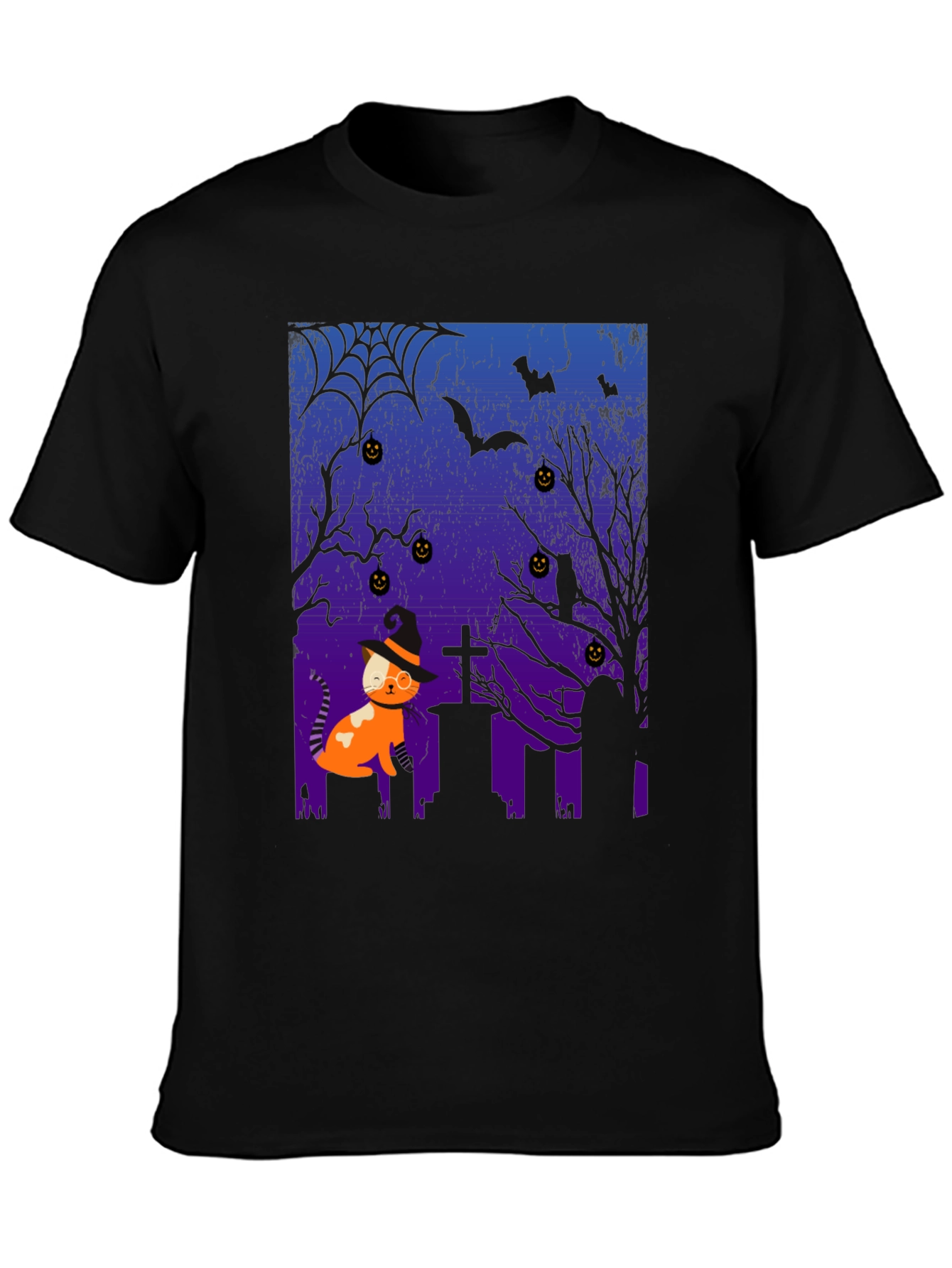 Black Halloween Cat T-Shirt - Spooky Graveyard Design view 3