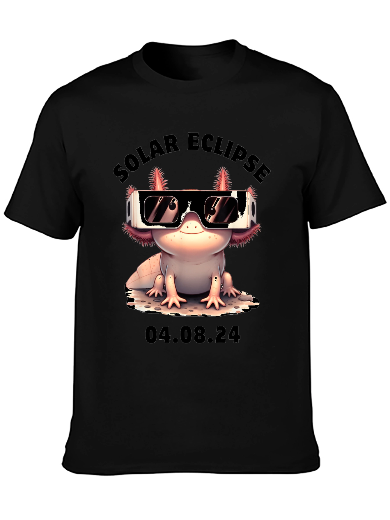Black Solar Eclipse Axolotl T-Shirt - August 4, 2024 view 3