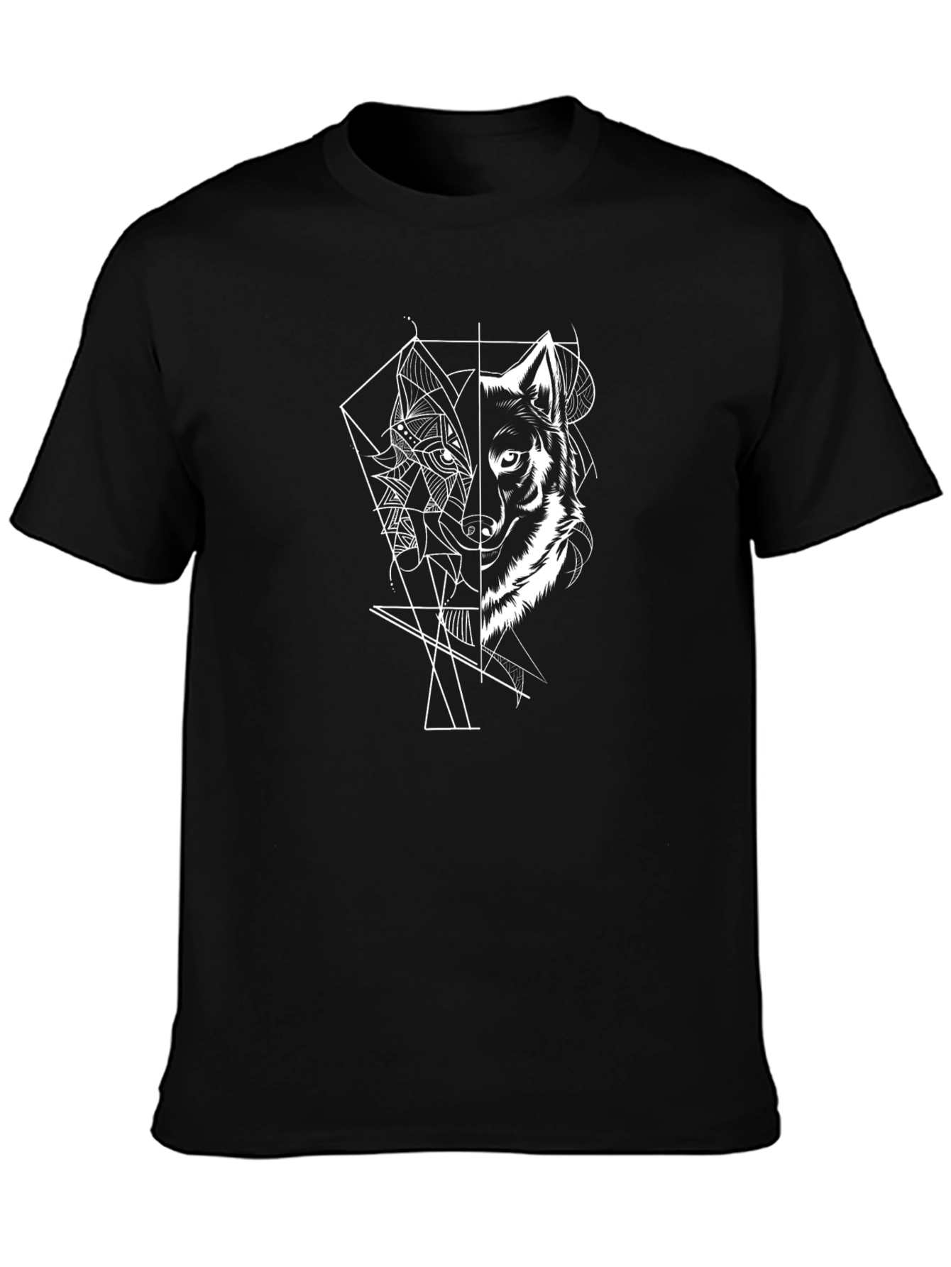 Black Geometric Wolf Graphic Print Black T-Shirt view 3