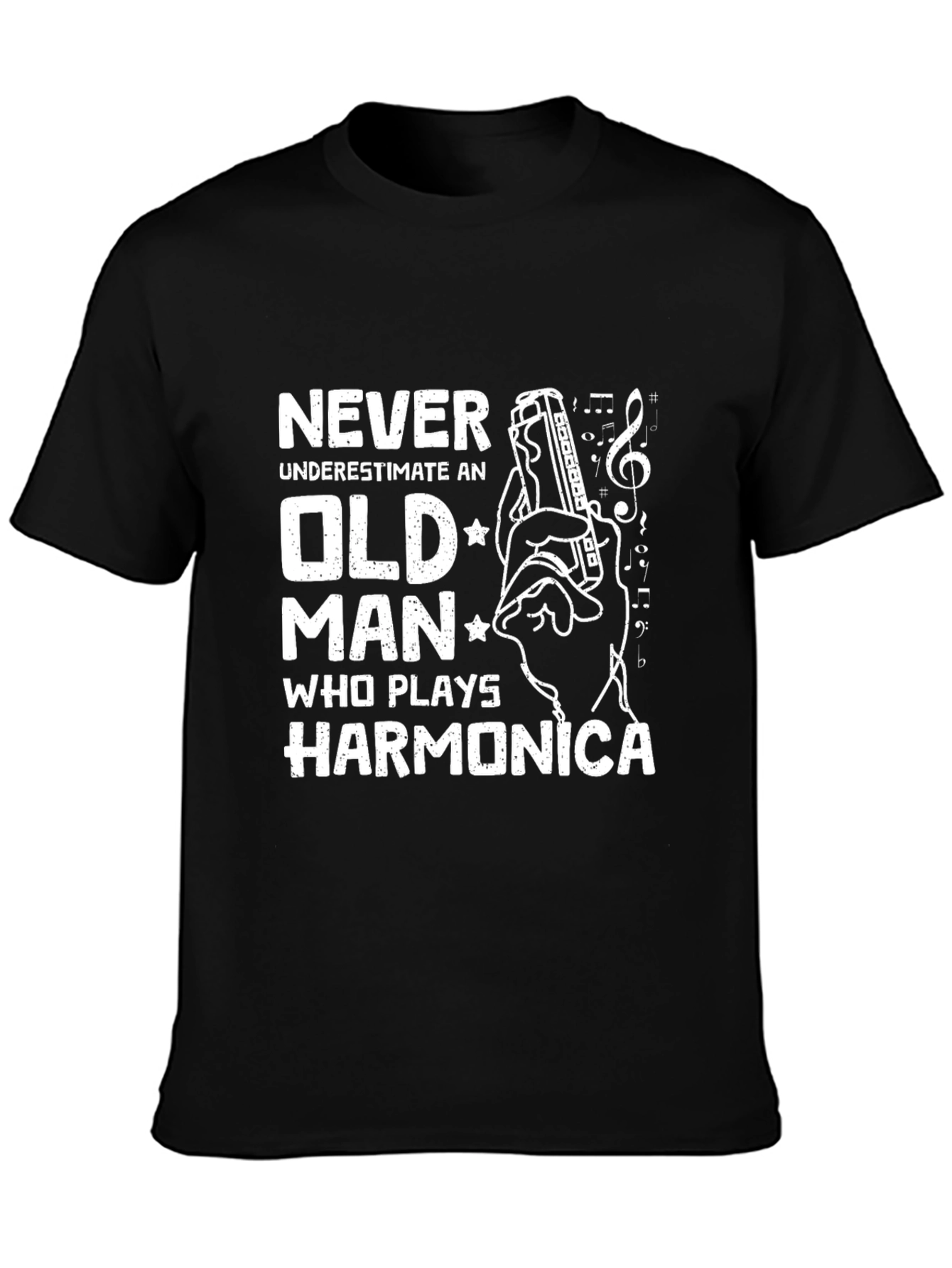 Black Never Underestimate Old Man Harmonica T-Shirt view 3