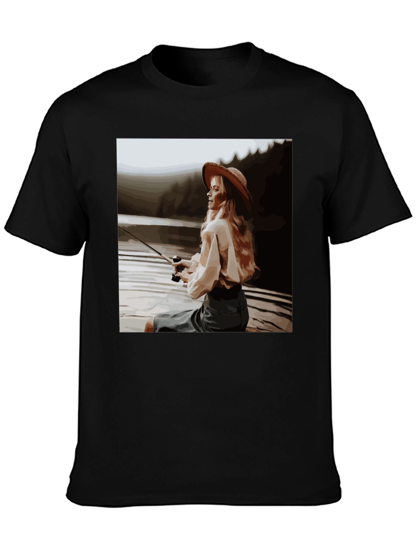 Black Woman Fishing Graphic Tee - Black Cotton T-Shirt view 3