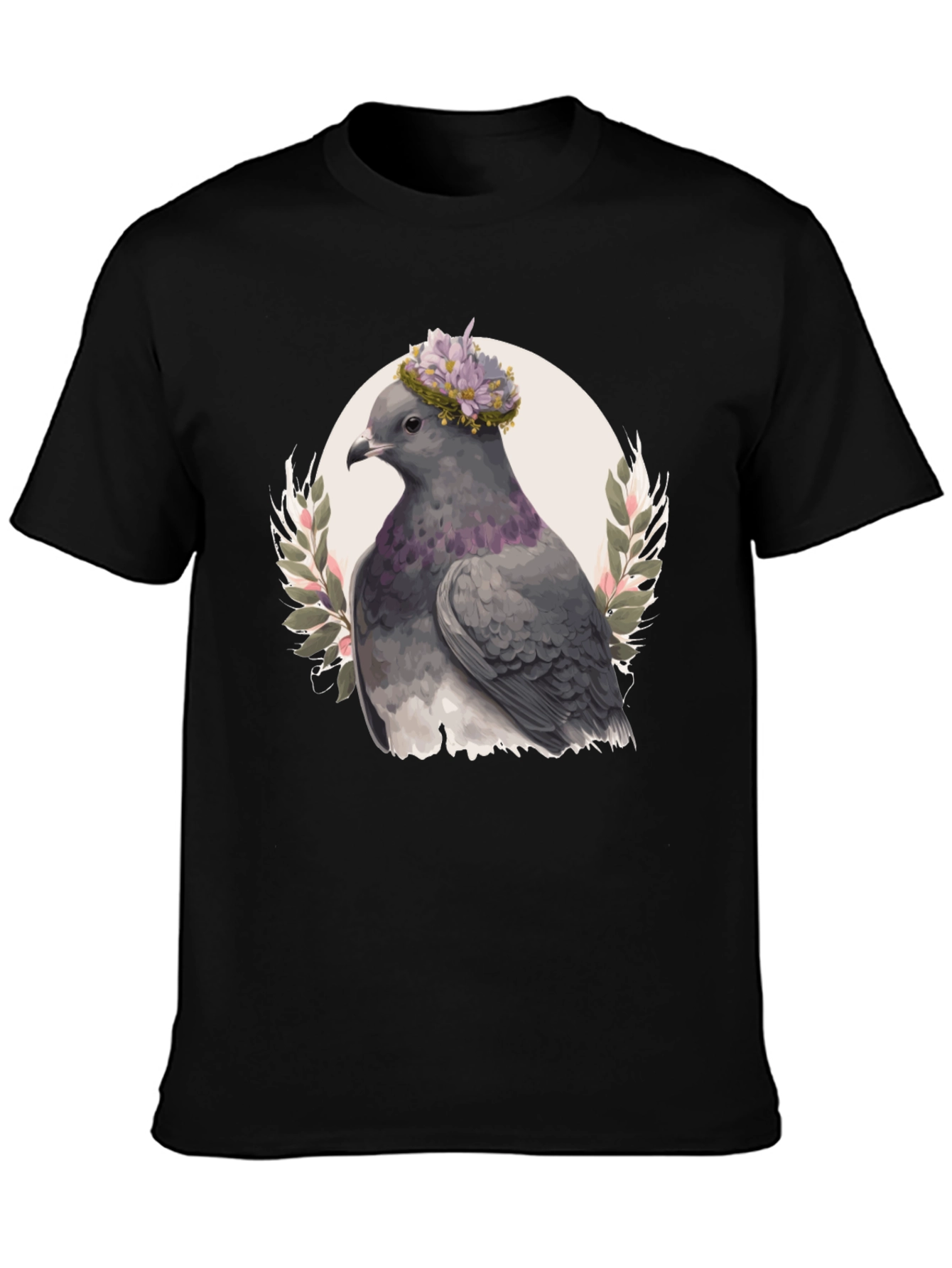 Black Pigeon with Floral Crown Graphic Tee view 3
