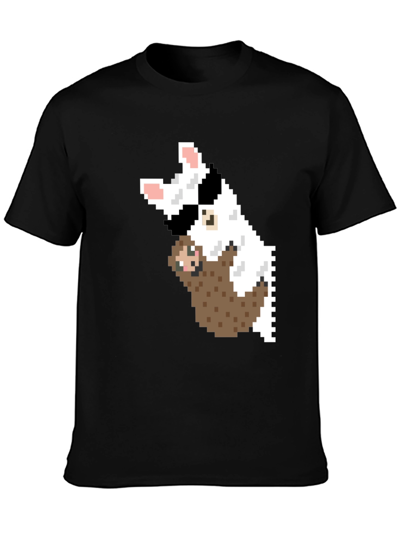 Black Pixel Art Sloth & Dog Graphic T-Shirt view 3