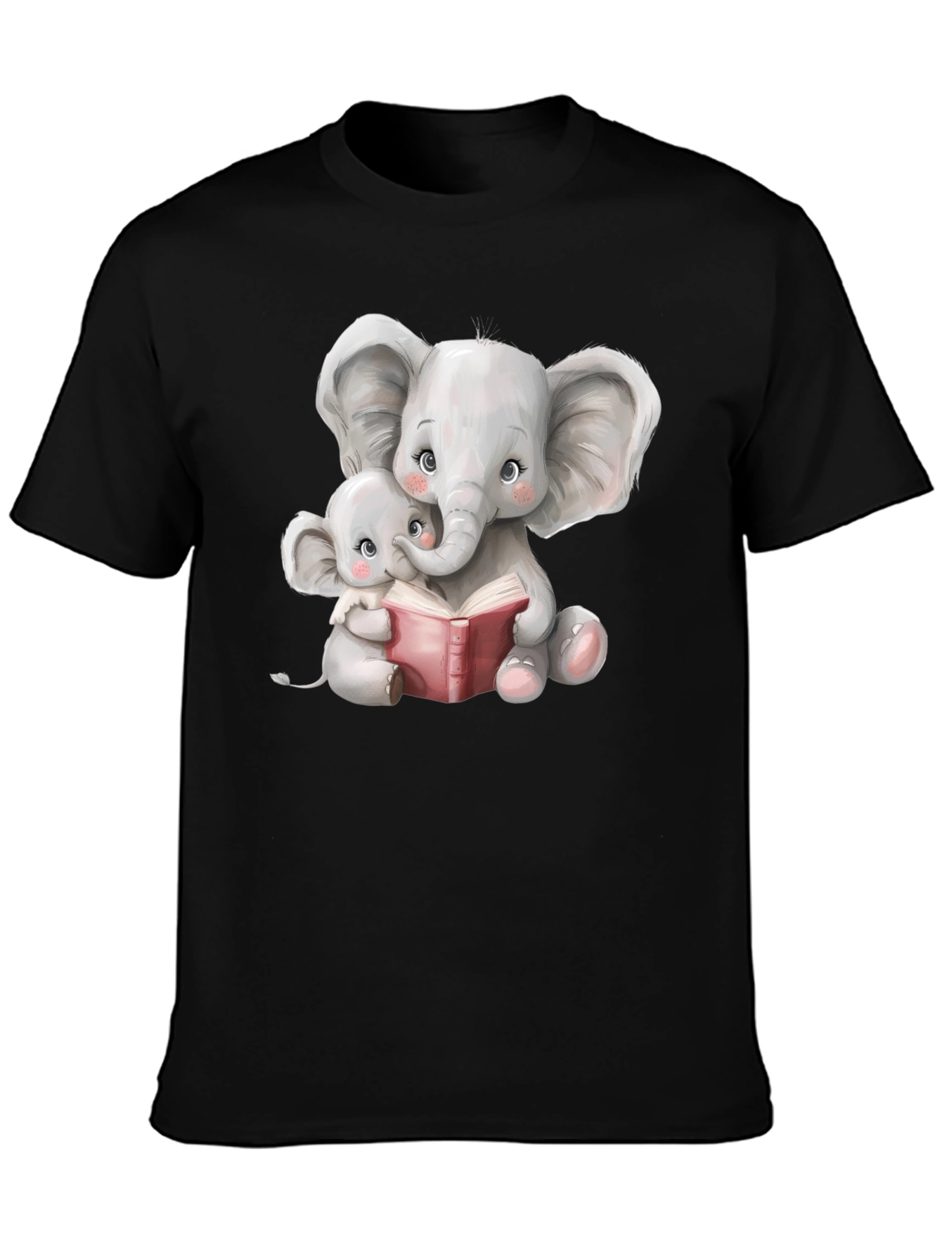 Black Elephant Mom and Baby Reading Black T-Shirt view 3