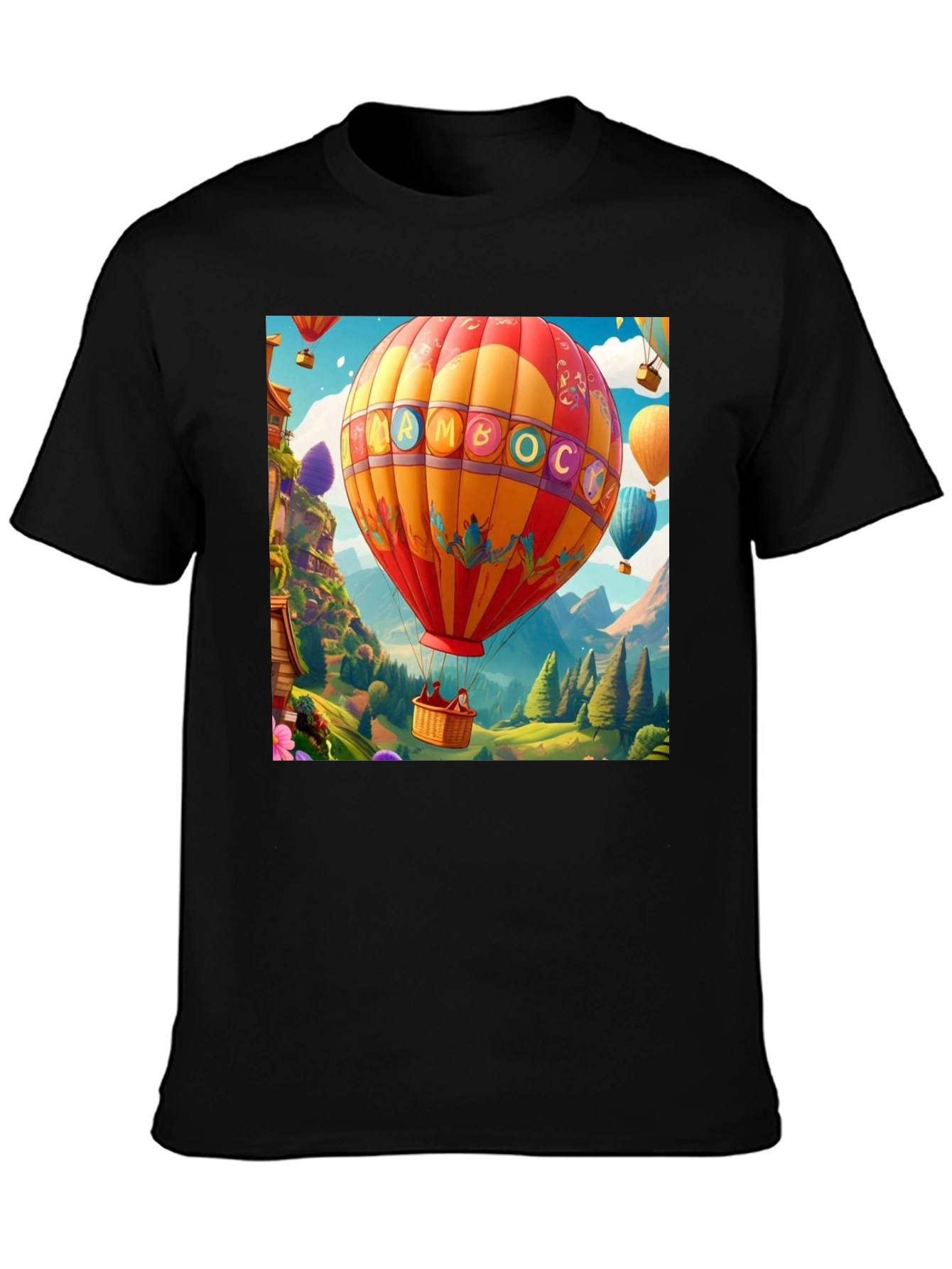 Black Cartoon Hot Air Balloon Graphic Tee view 3