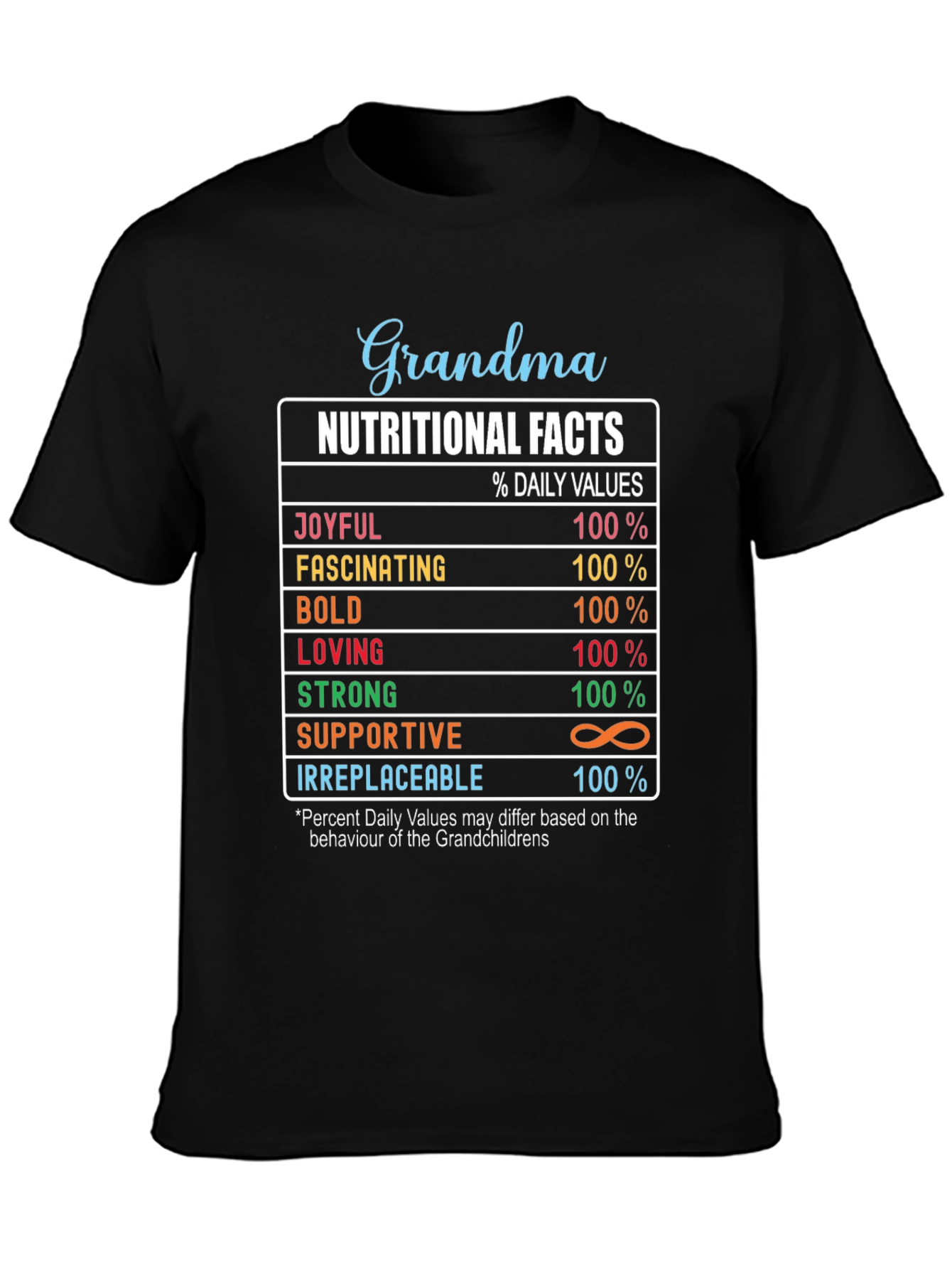 Black Grandma Nutritional Facts Graphic T-Shirt view 3