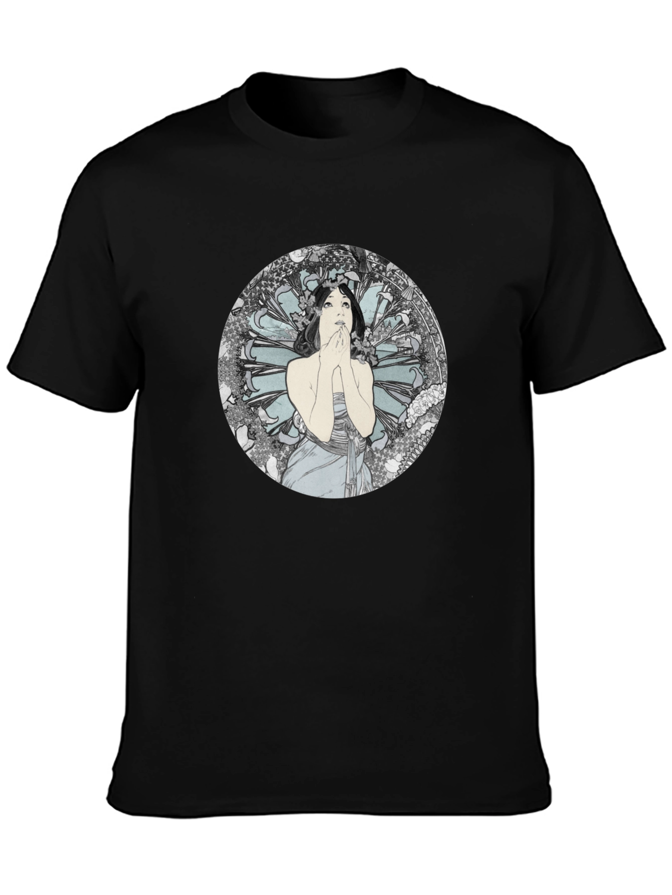 Black Art Nouveau Lady Graphic Black T-Shirt view 3