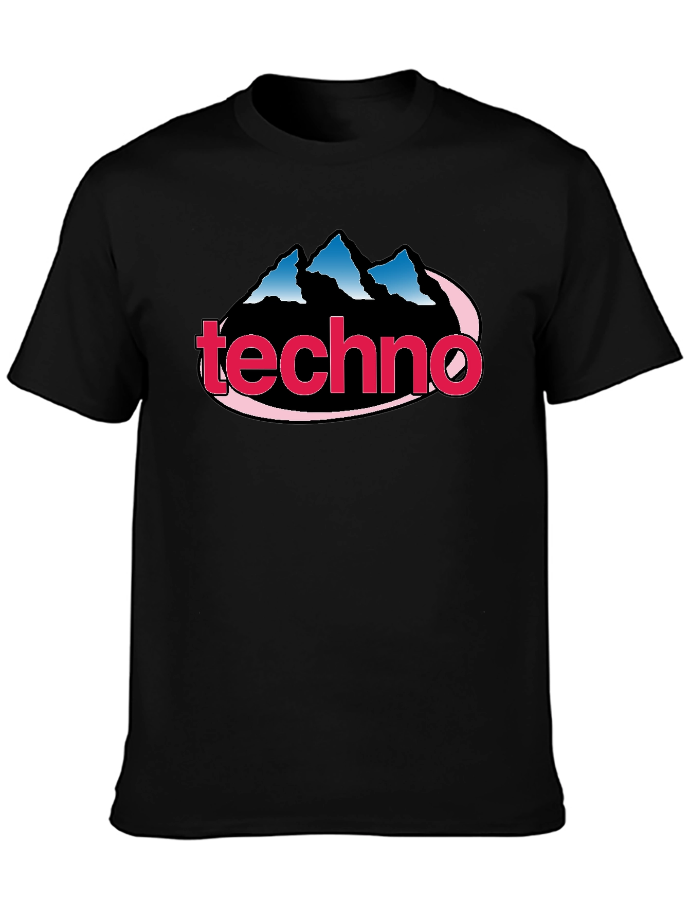 Black Techno Music Graphic Tee - Classic Style, Mountain Logo view 3