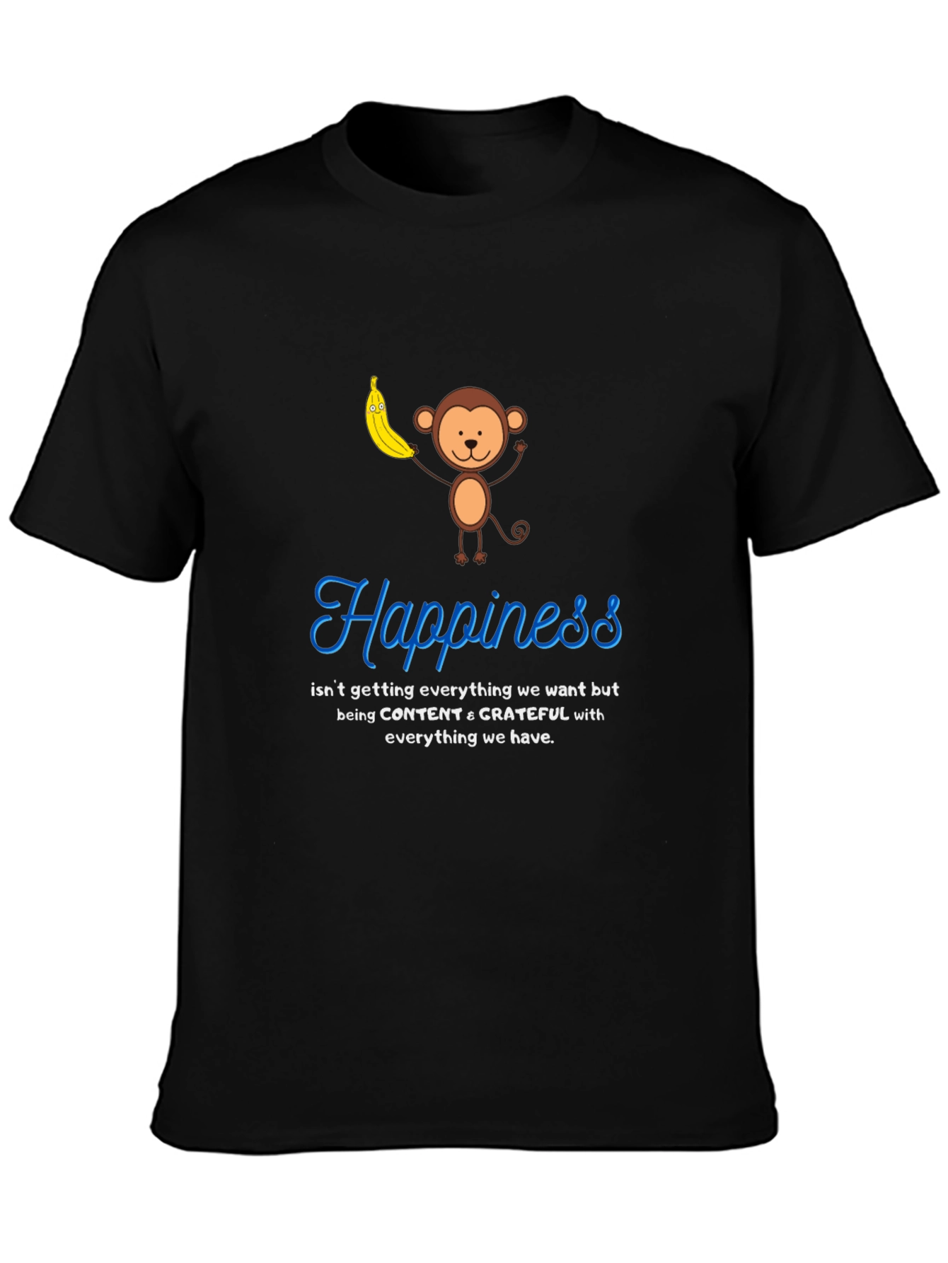 Black Happiness Monkey Graphic Tee: Content & Grateful T-Shirt view 3