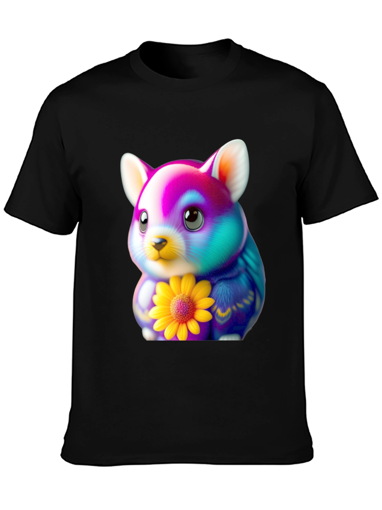 Black Cute Hamster T-Shirt with Sunflower Graphic view 3