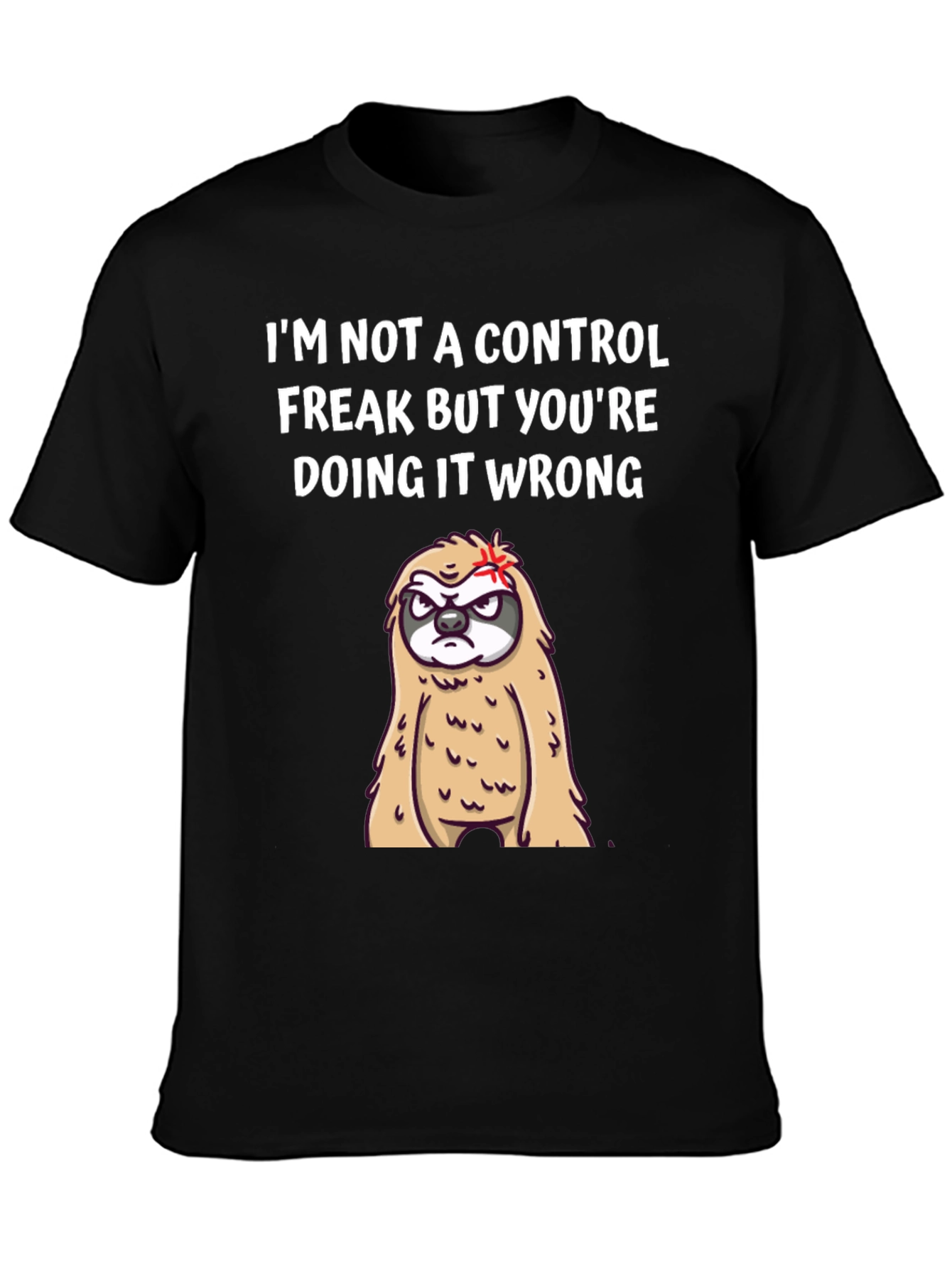 Black Control Freak Sloth Graphic T-Shirt - Funny Slogan Tee view 3