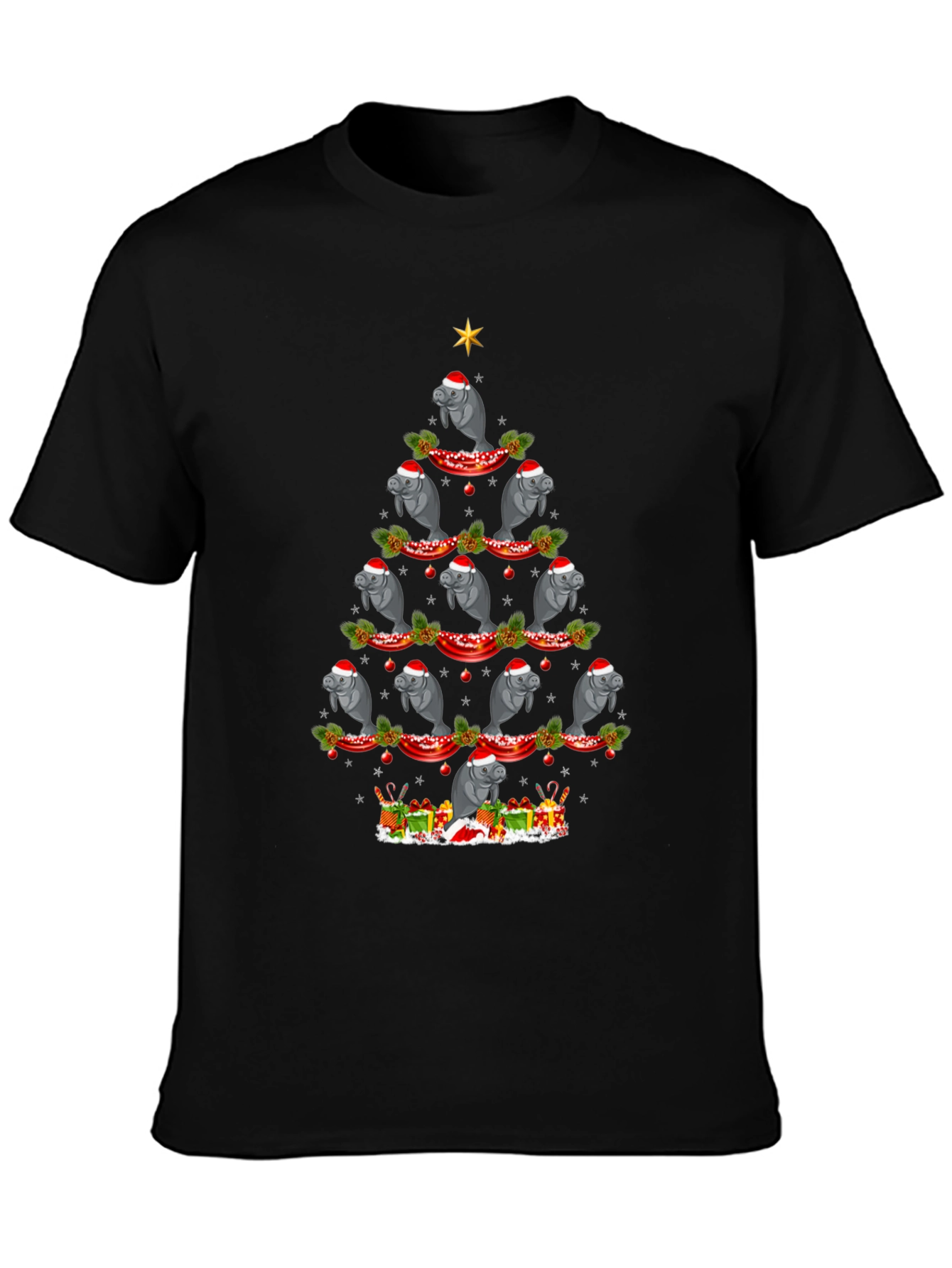 Black Manatee Christmas Tree Graphic Tee - Holiday Fun view 3