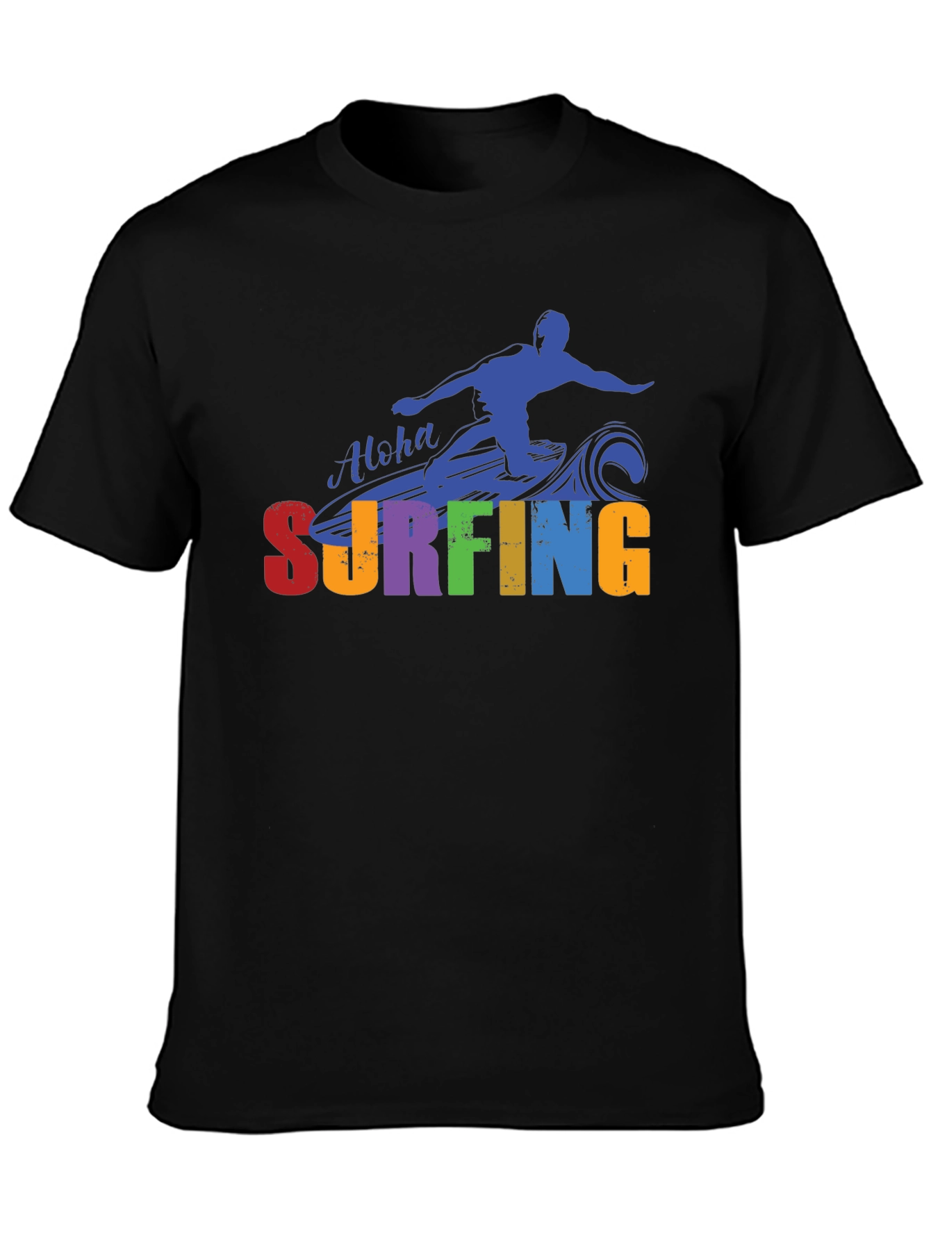 Black Aloha Surfing Graphic Tee - Black Cotton T-Shirt view 3