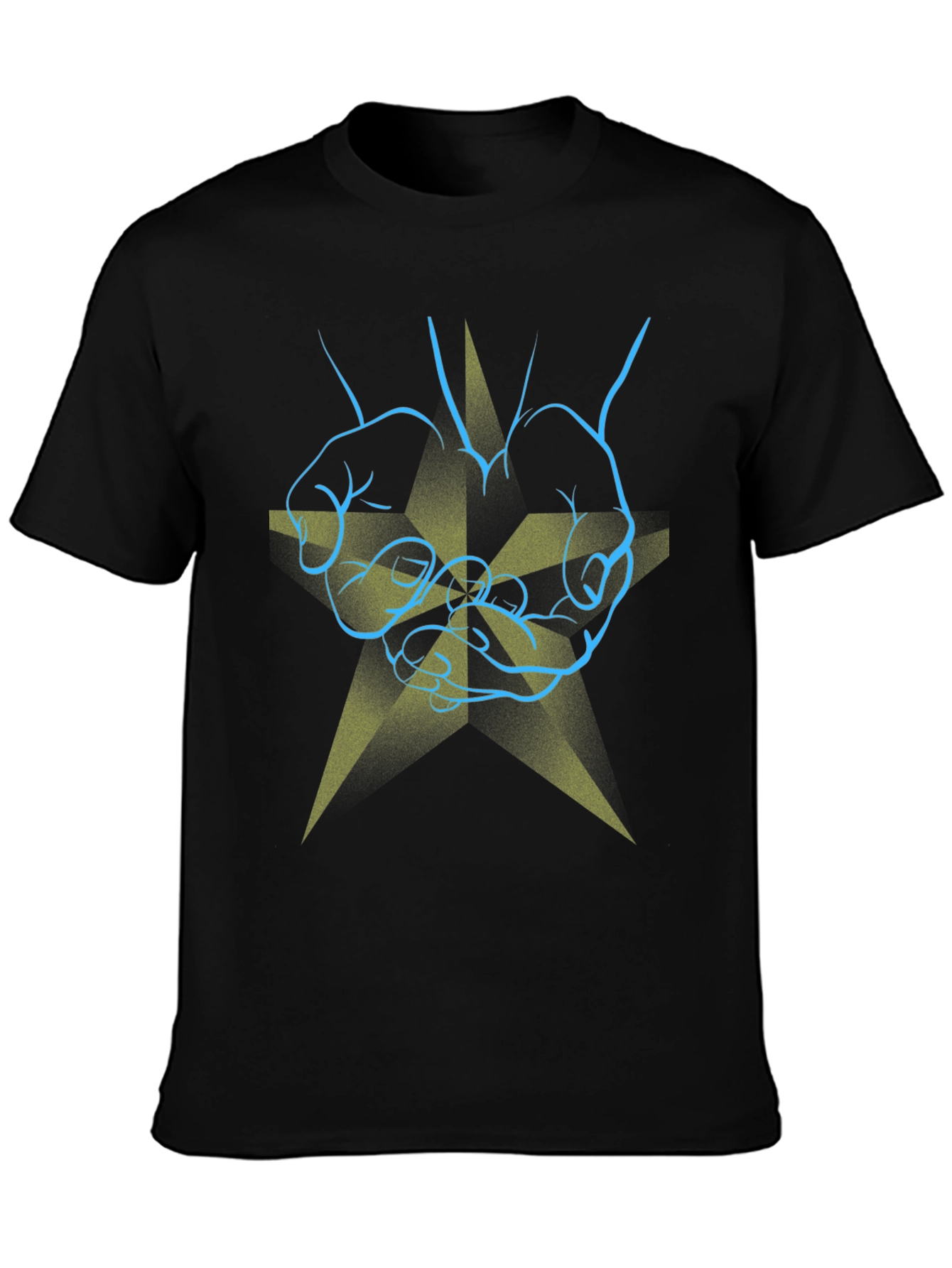 Black Graphic Print T-Shirt - Hands & Star Design view 3