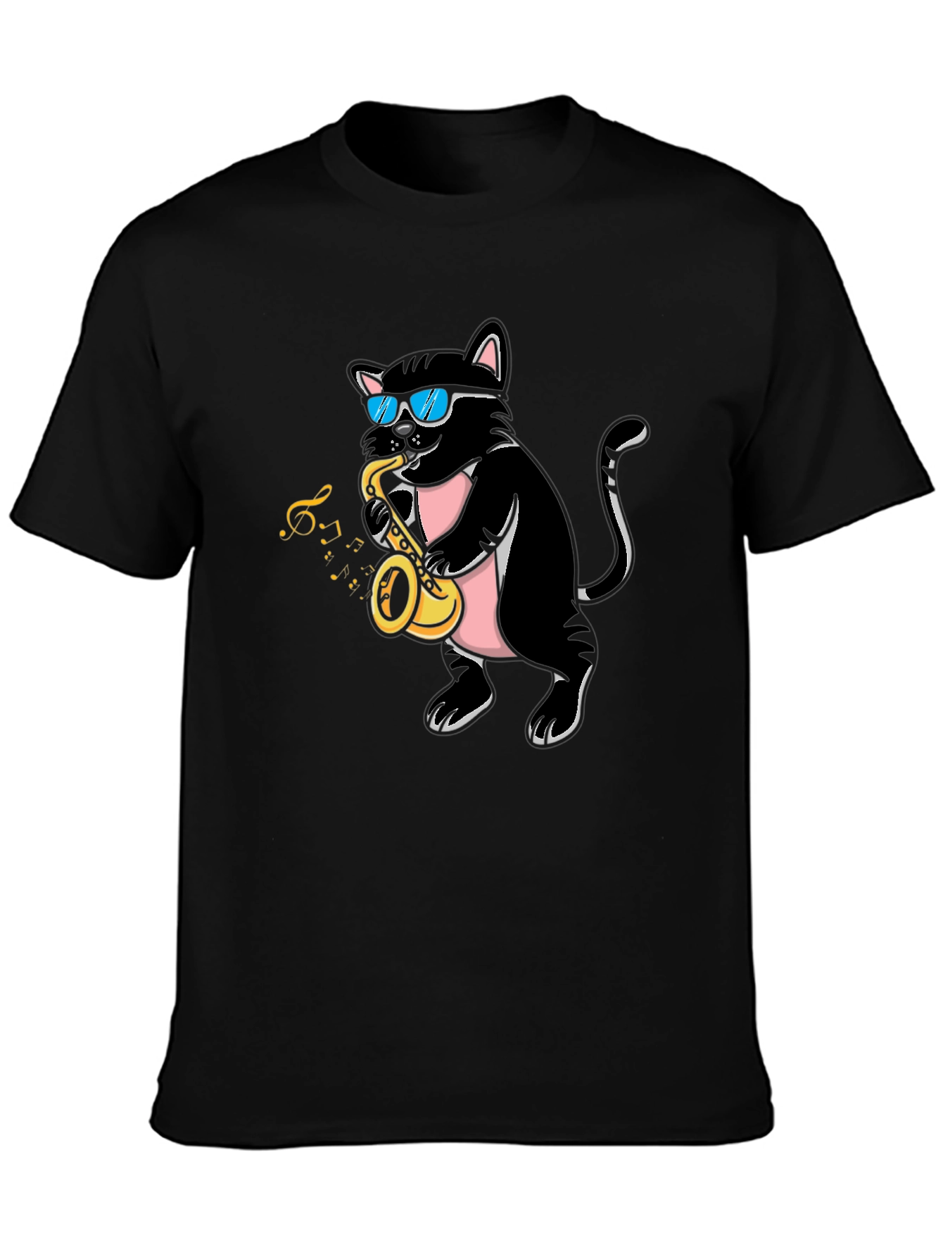 Black Cool Cat Saxophone Player Graphic T-Shirt view 3
