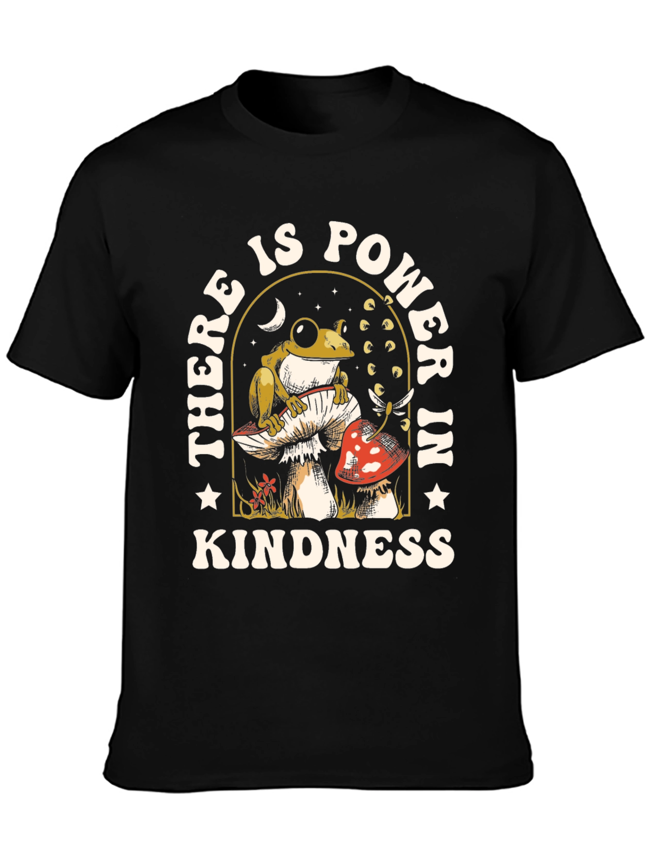 Black Kindness Power T-Shirt - Frog Mushroom Design view 3