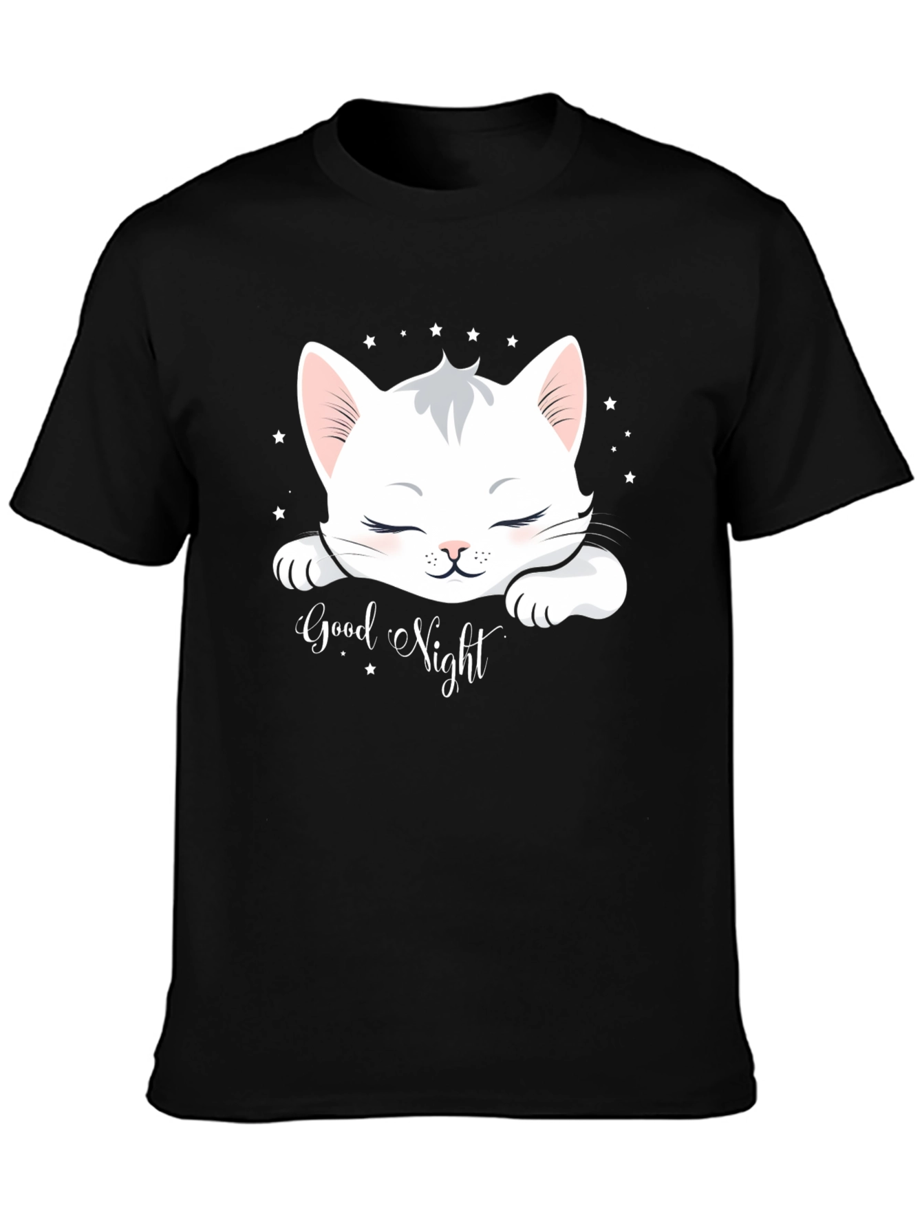 Black Cute Cat "Good Night" Black T-Shirt view 3