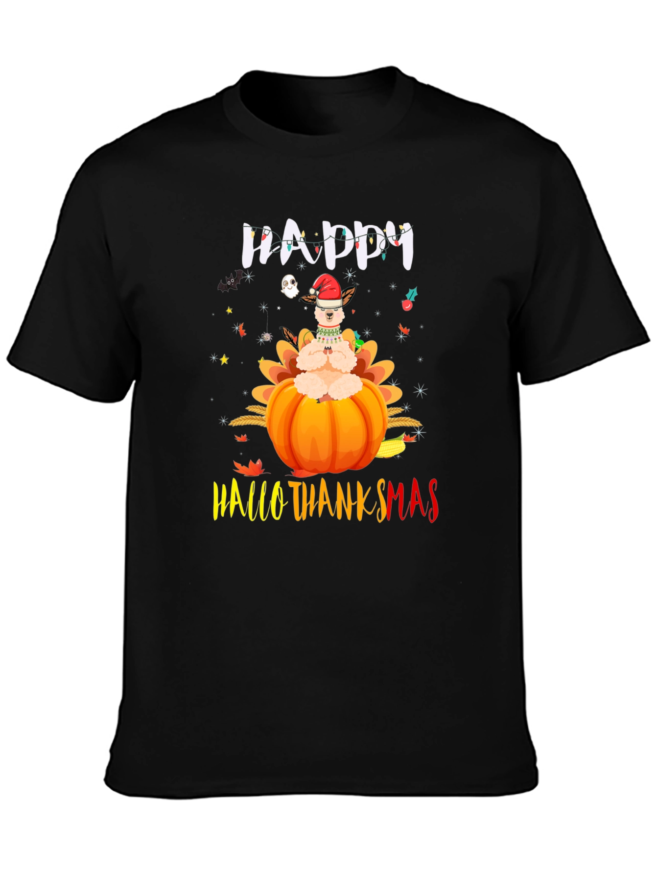 Black Happy HalloThanksmas Llama T-Shirt view 3