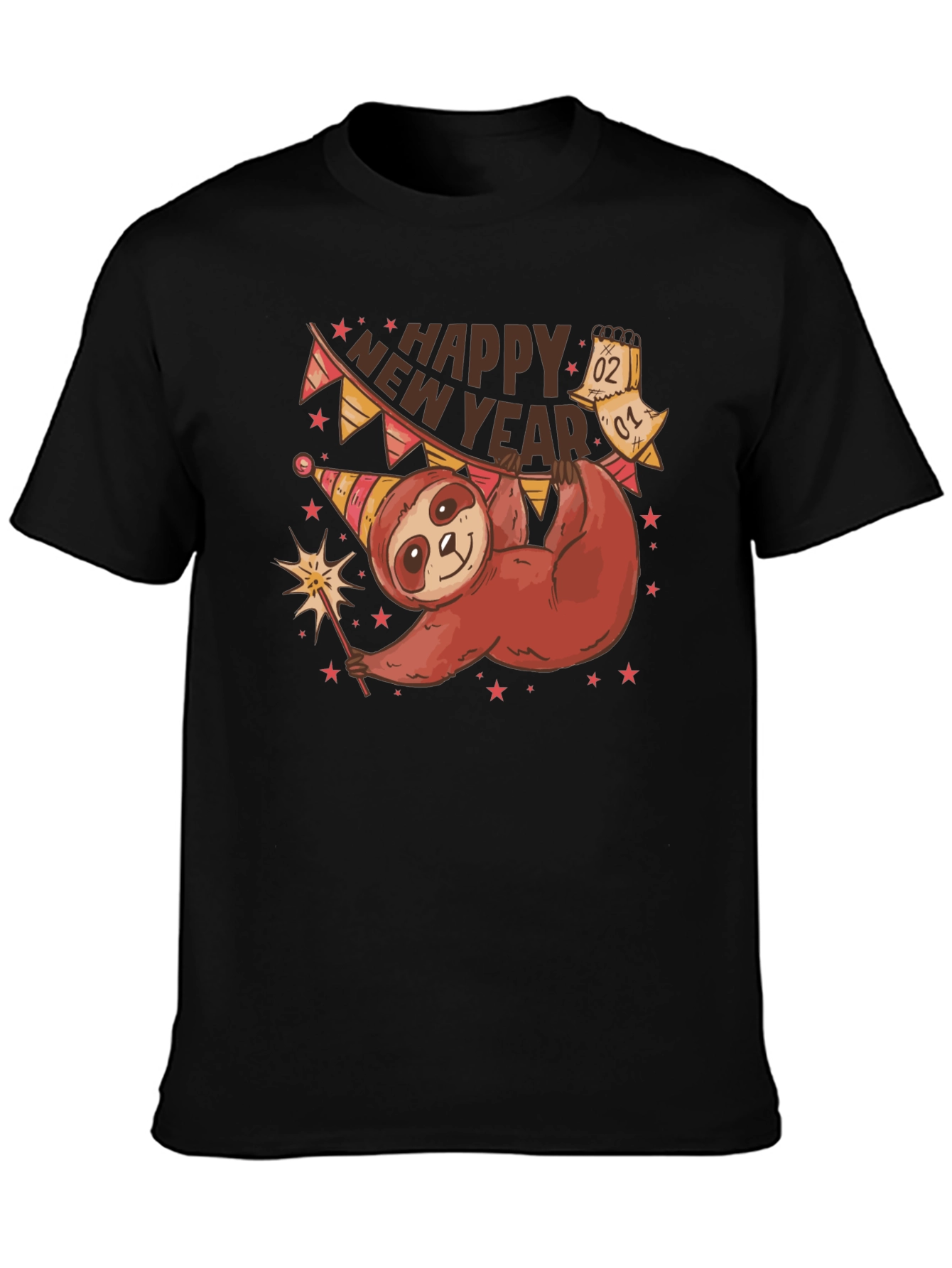 Black Happy New Year Sloth T-Shirt view 3