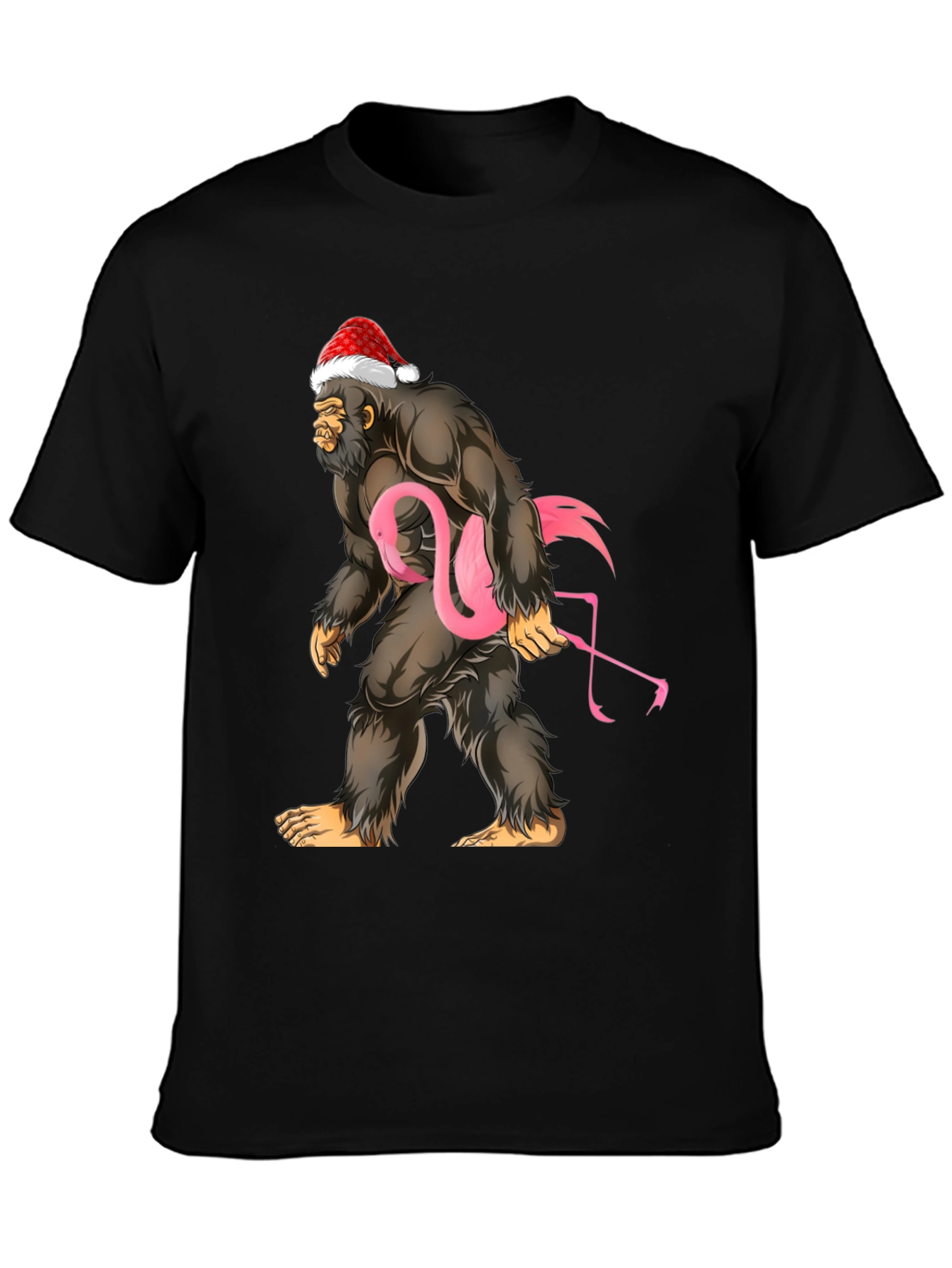 Black Bigfoot Santa Flamingo T-Shirt view 3