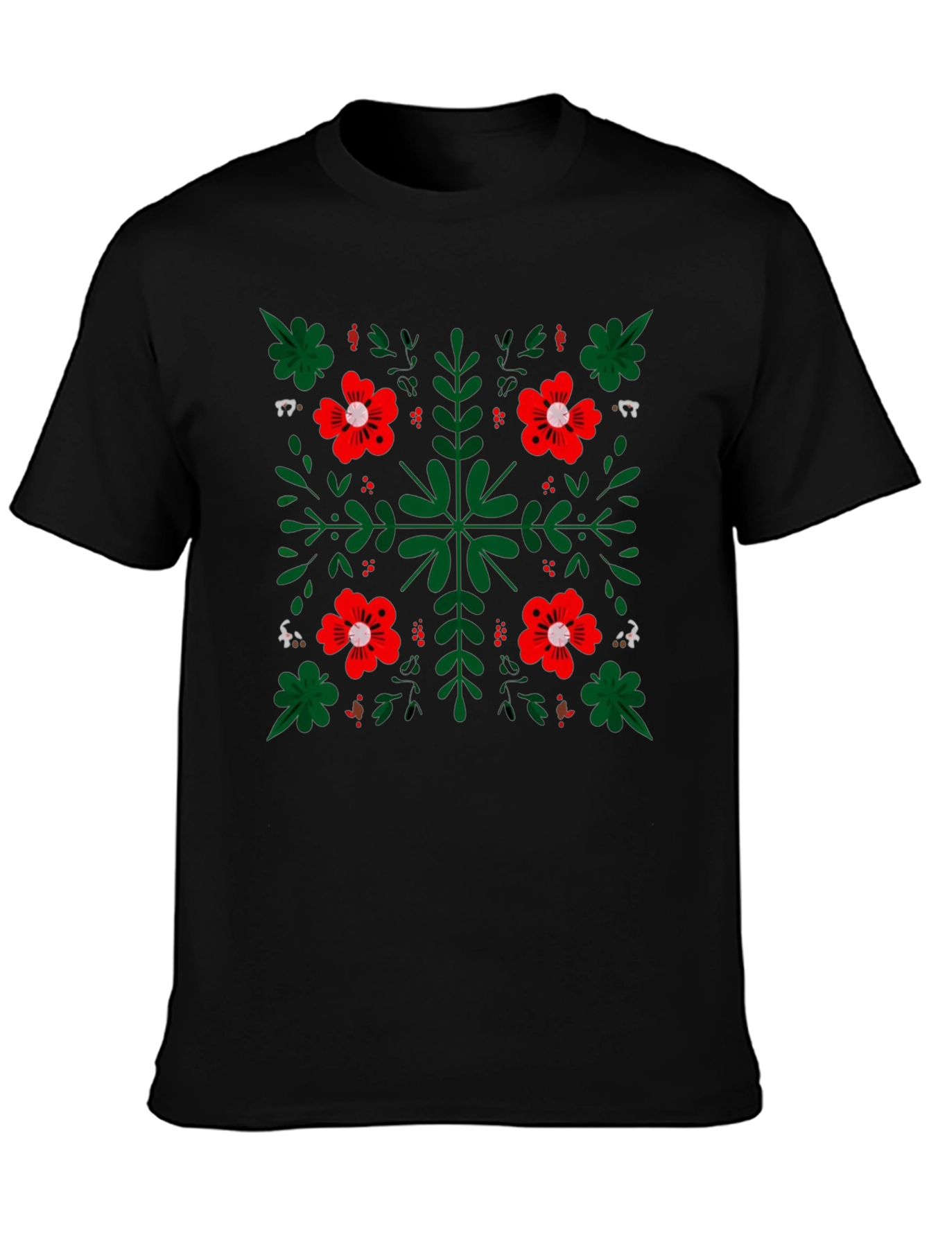 Black Floral Pattern Black Crew Neck T-Shirt view 3