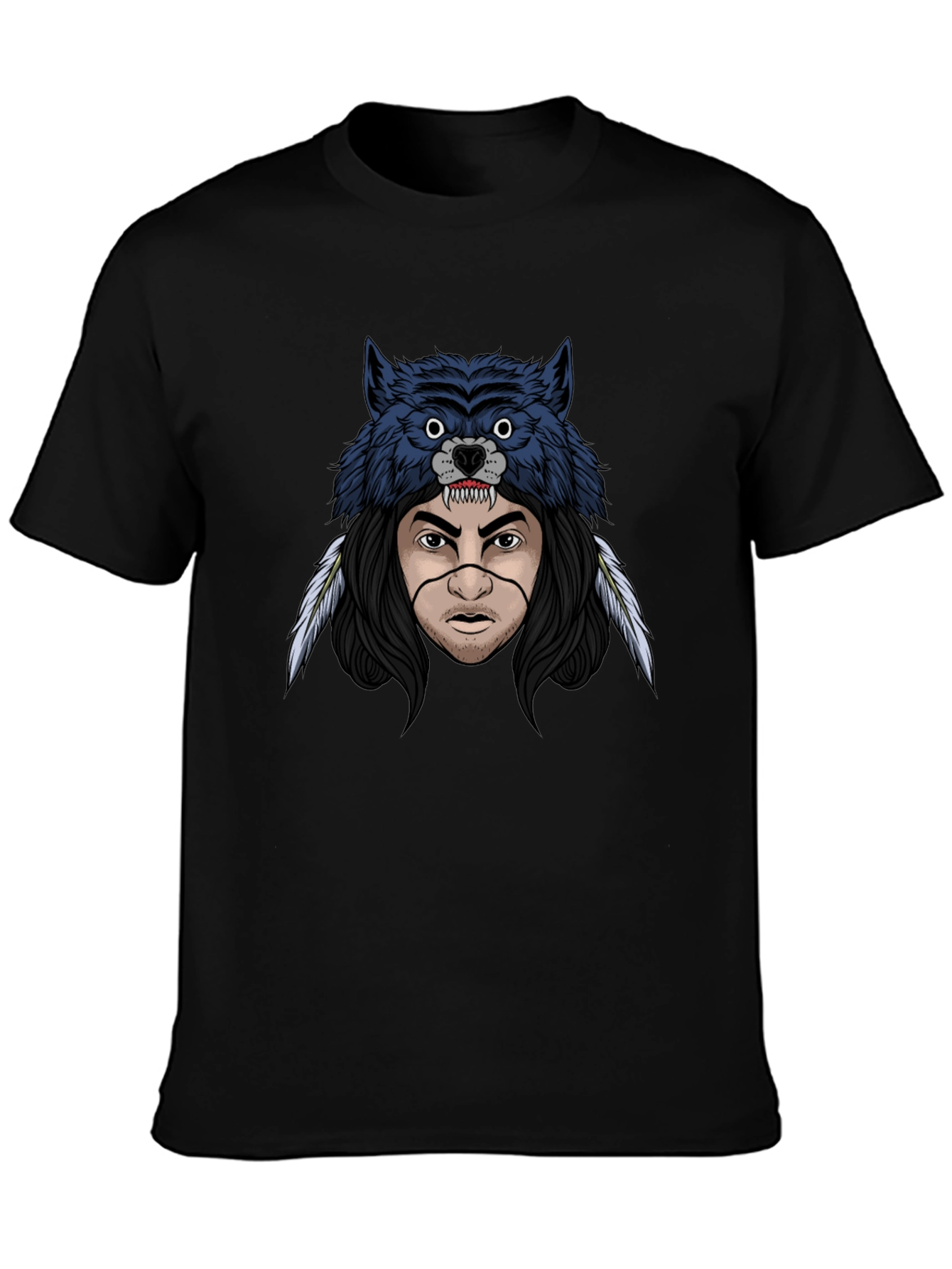 Black Wolf Headdress Graphic T-Shirt - Men's Black Tee view 3