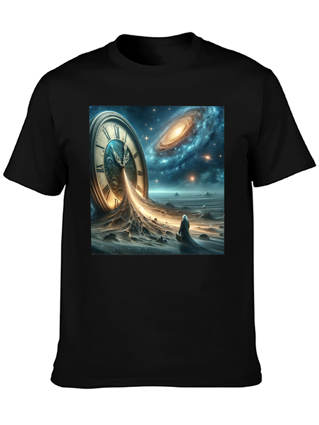 Black Time and Space Tee: Surreal Galaxy Clock Design view 3