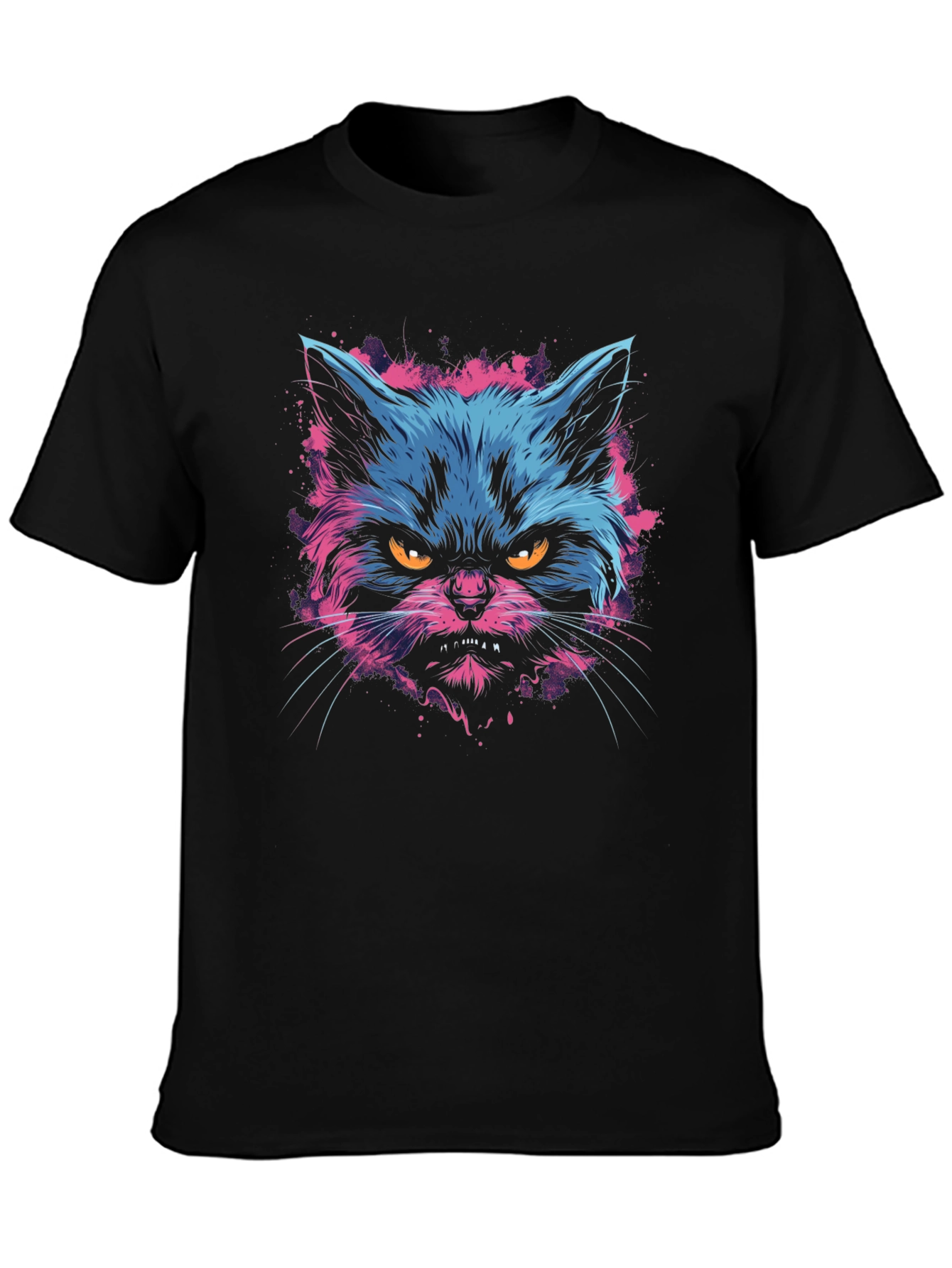 Black Neon Angry Cat Graphic Print Men's T-Shirt view 3