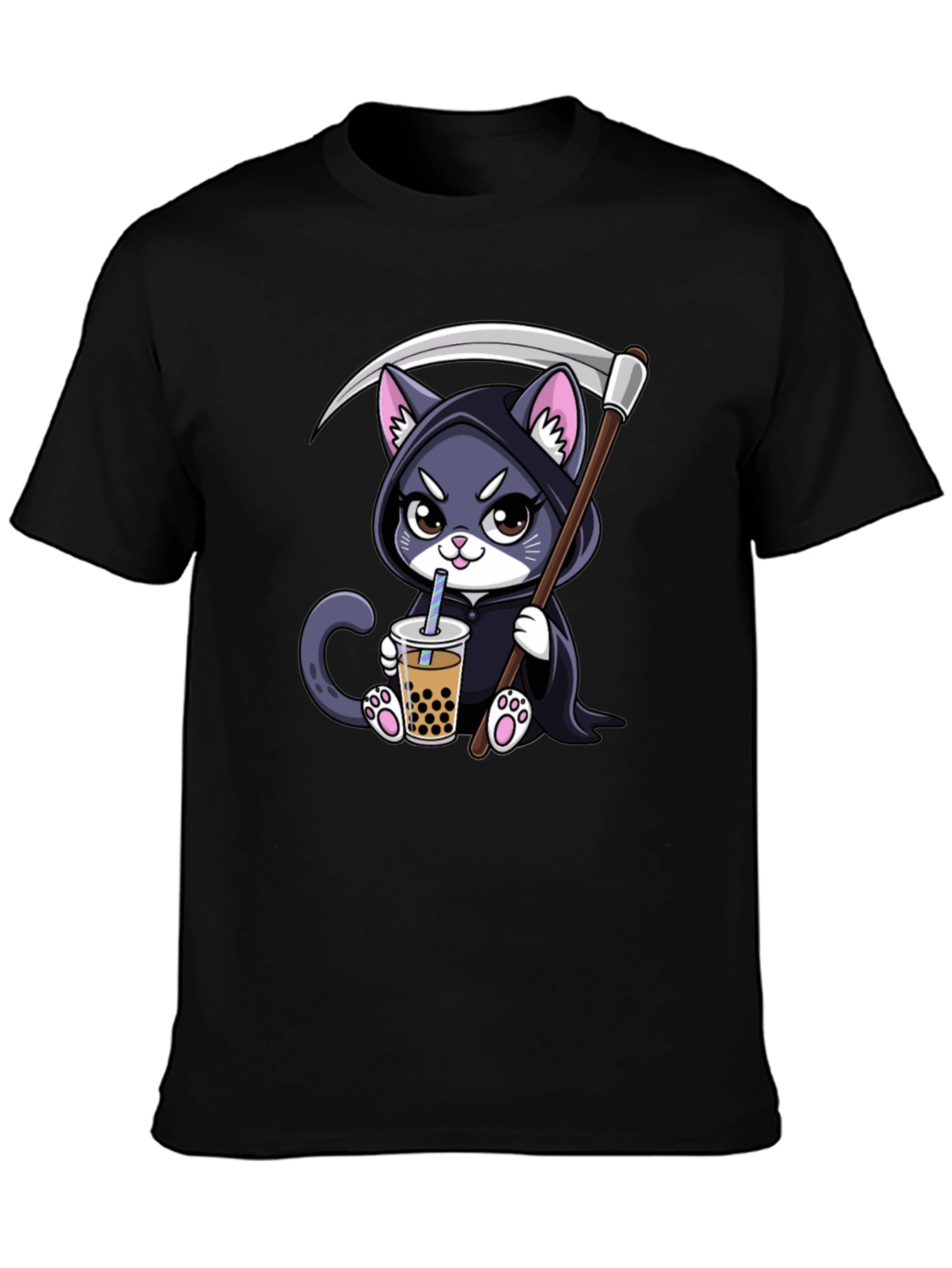 Black Grim Reaper Kitty Boba Tea T-Shirt view 3