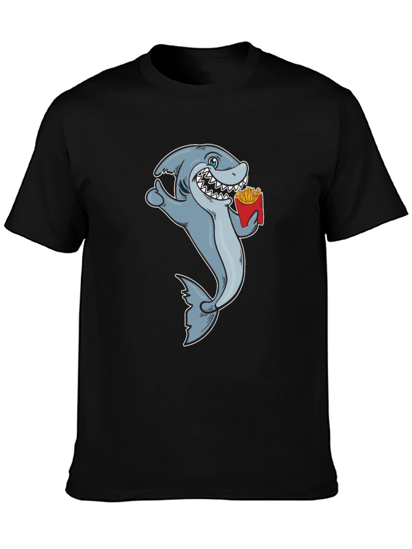 Black Shark Eating Fries Graphic Tee - Black Cotton T-Shirt view 3