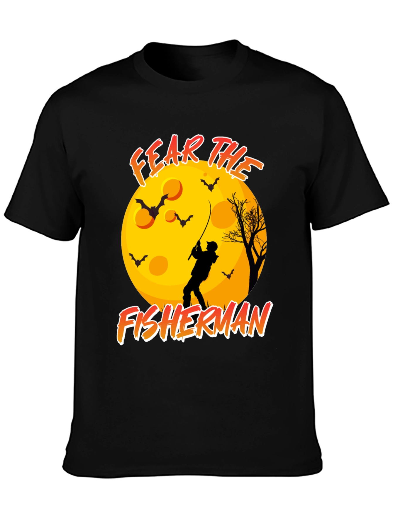 Black Fear the Fisherman Black T-Shirt Halloween Moon Bats view 3