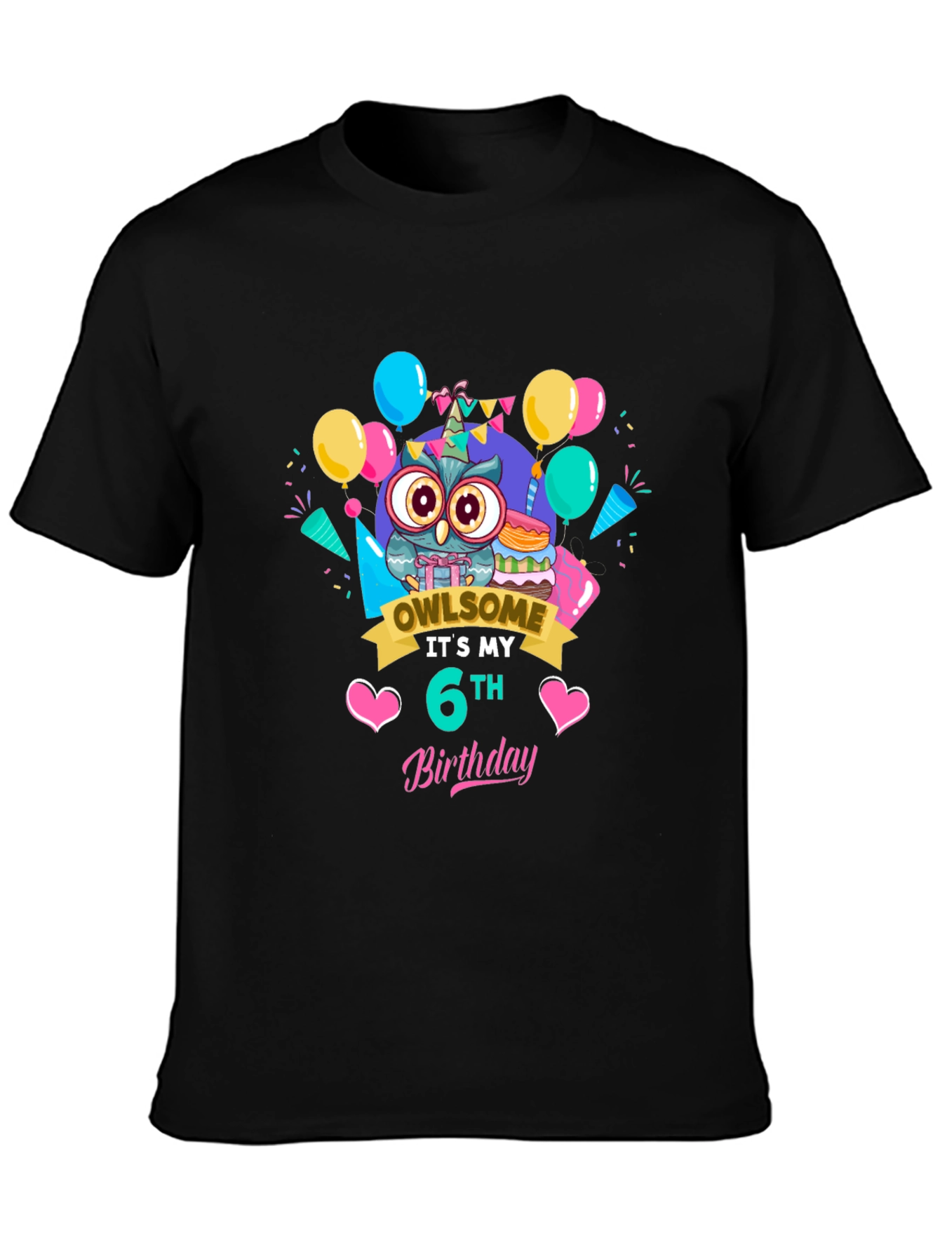 Black Owl Birthday 6th T-Shirt view 3