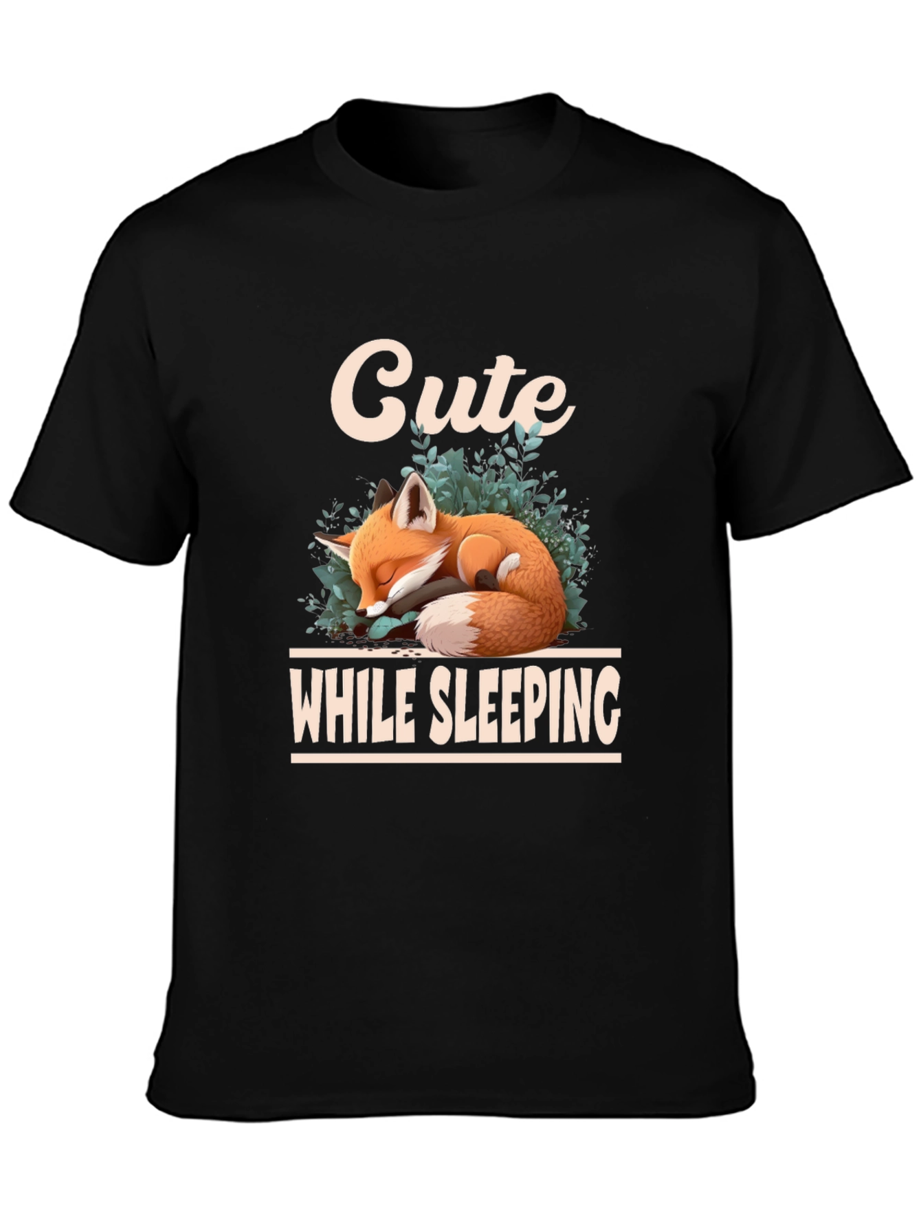 Black Cute Sleeping Fox Graphic T-Shirt view 3
