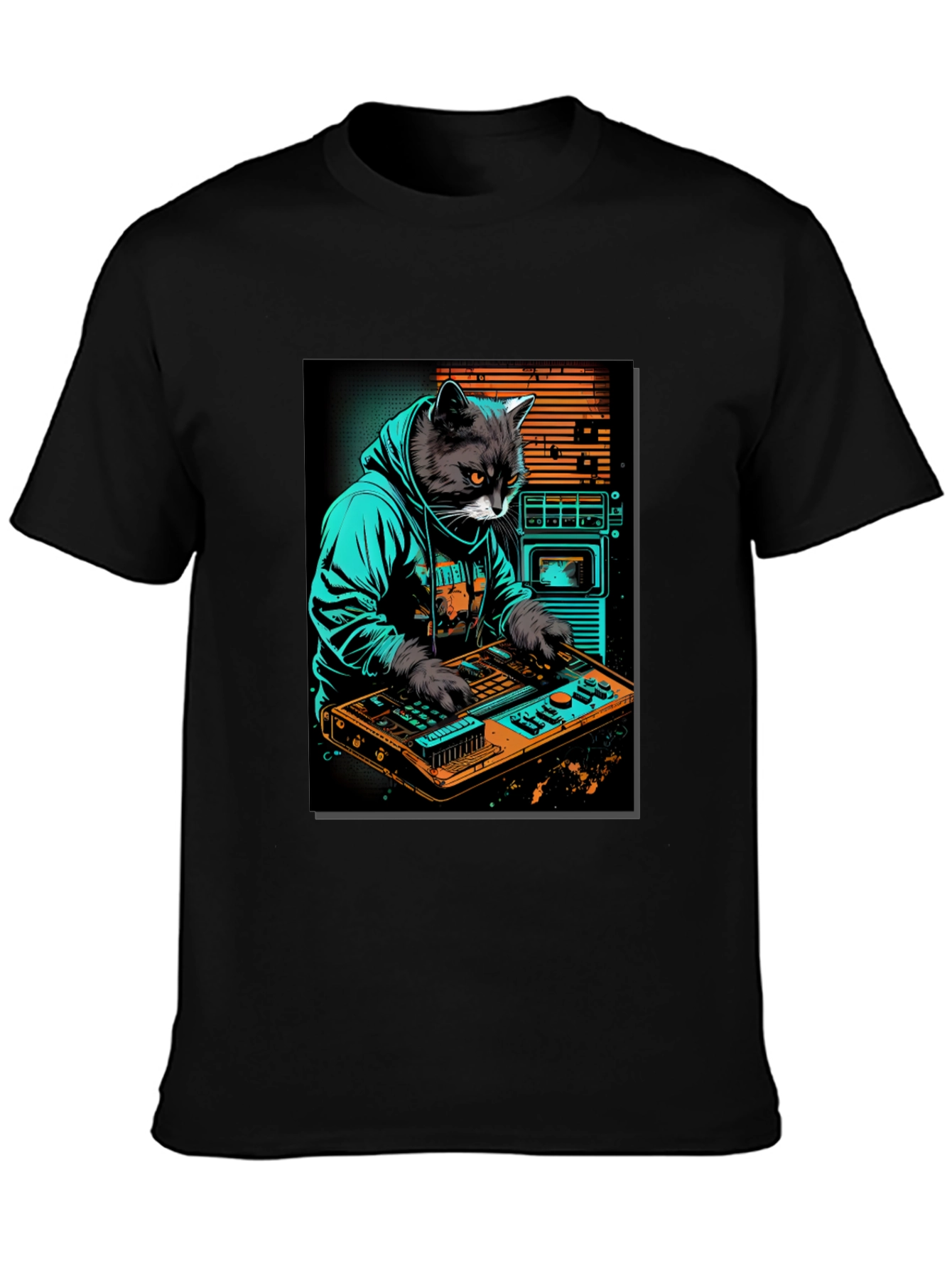 Black Cat DJ Graphic Tee - Cool Black T-Shirt view 3