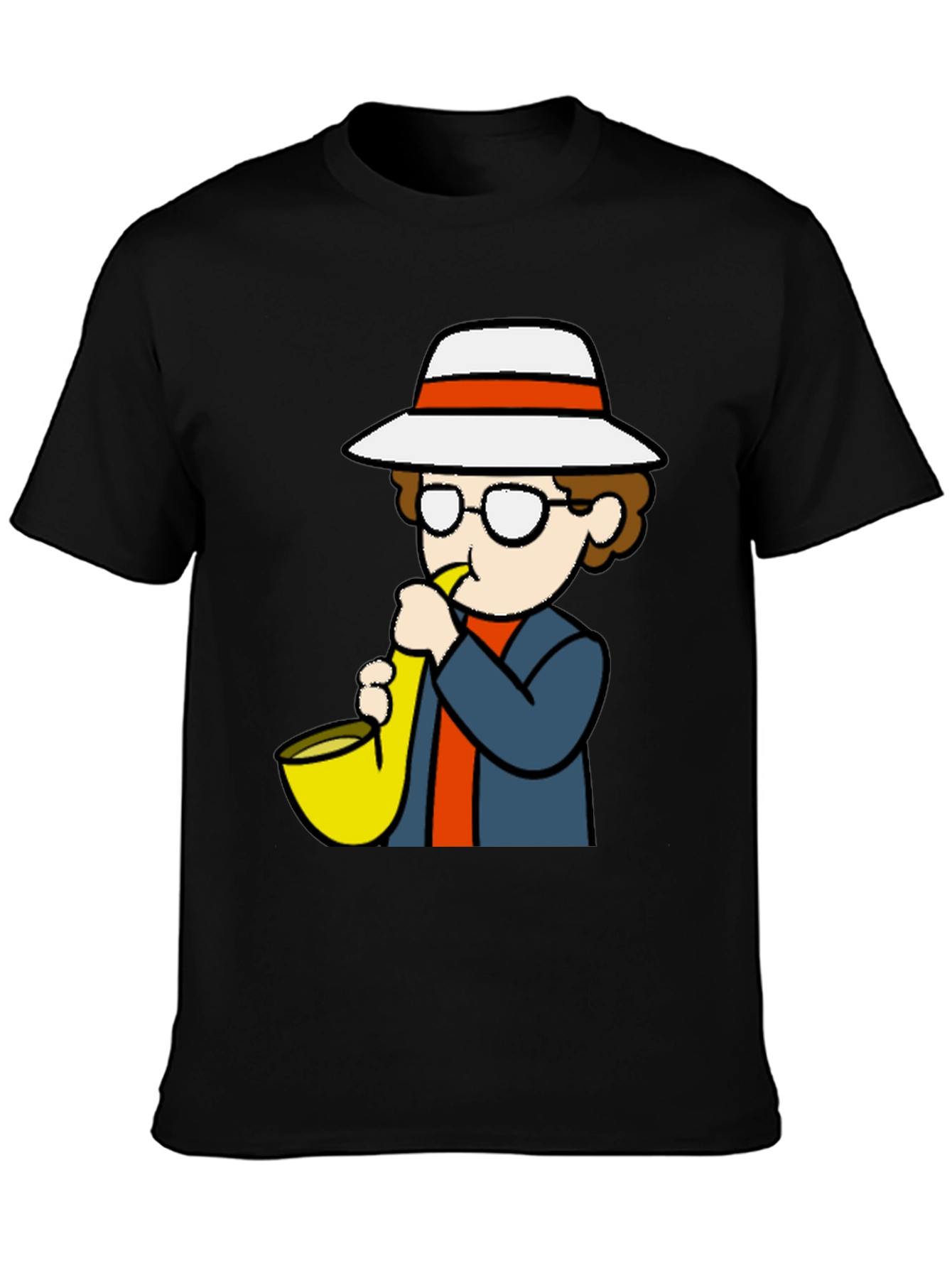 Black Cartoon Sax Player T-Shirt - Cool Graphic Tee view 3