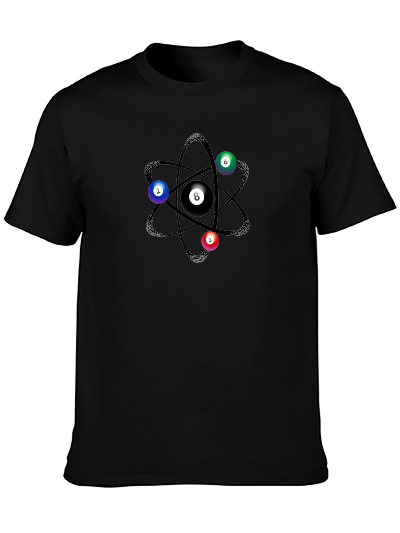 Black Atomic Billiards T-Shirt:  Pool Ball Atom Design view 3