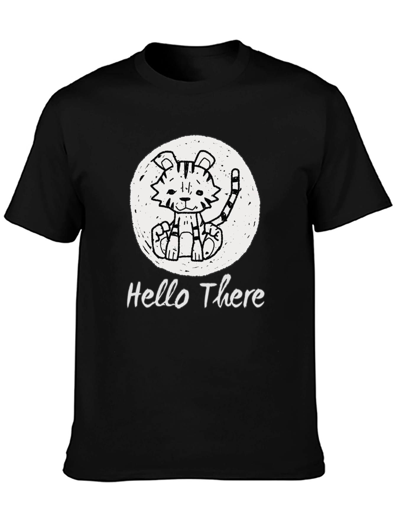 Black Cute Tiger "Hello There" Black Graphic T-Shirt view 3