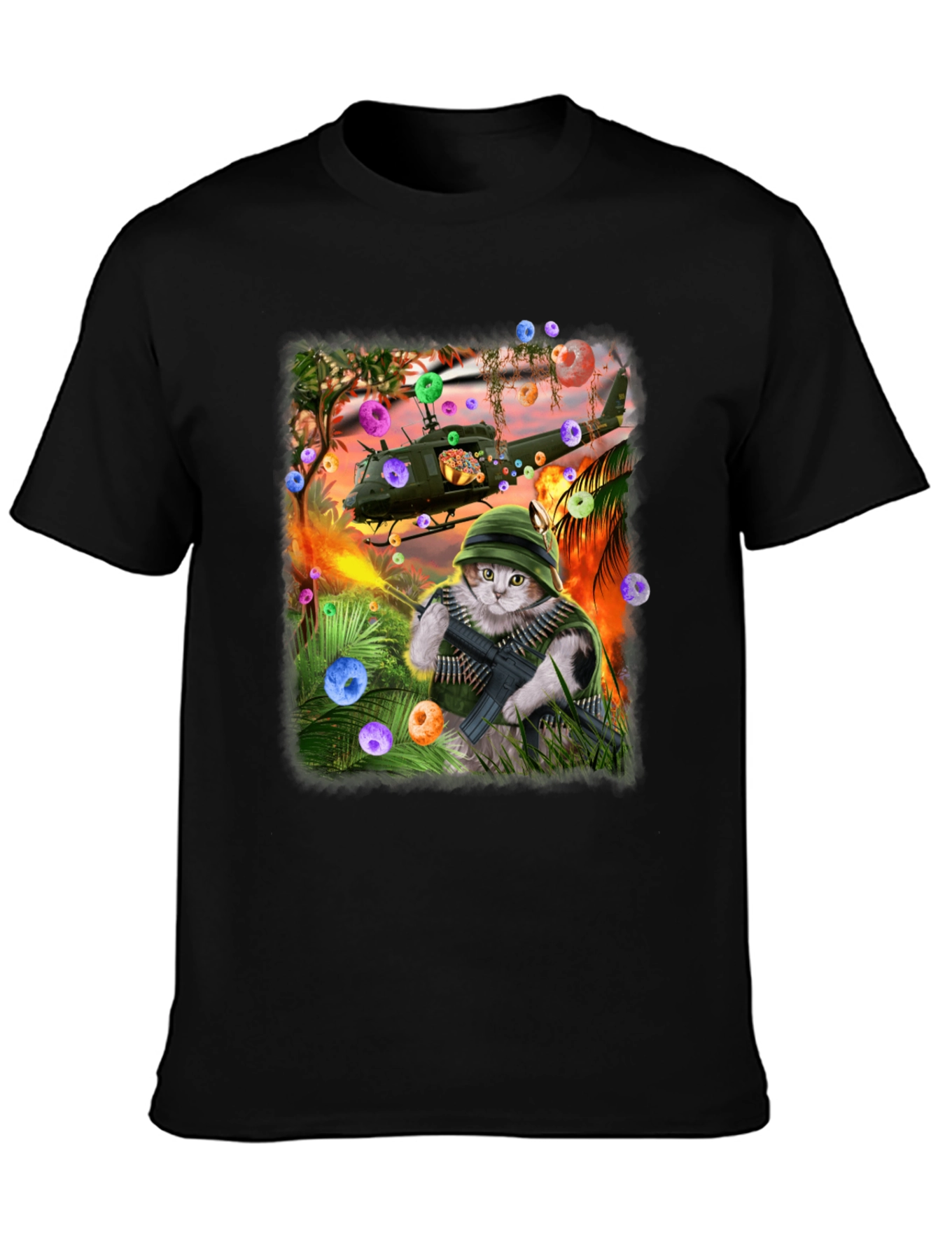 Black Funny Cat Warrior T-Shirt view 3