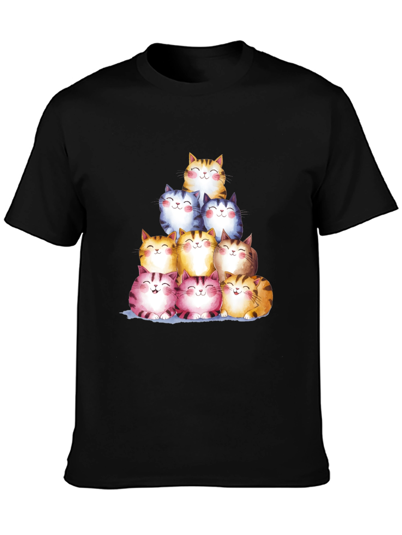 Black Stacked Smiling Cats Graphic Tee - Black view 3