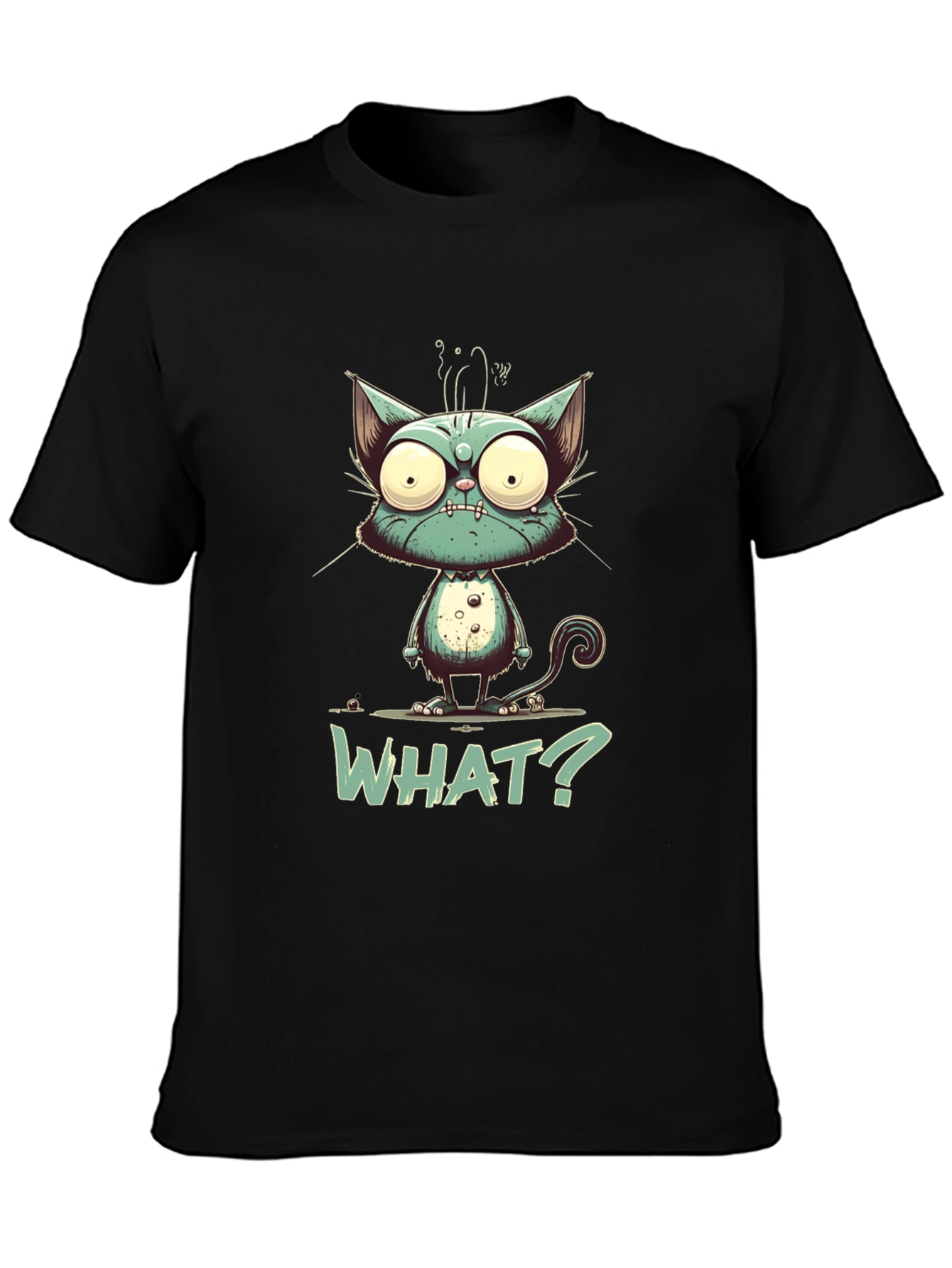 Black Cartoon Cat "WHAT?" Graphic Tee - Unisex view 3