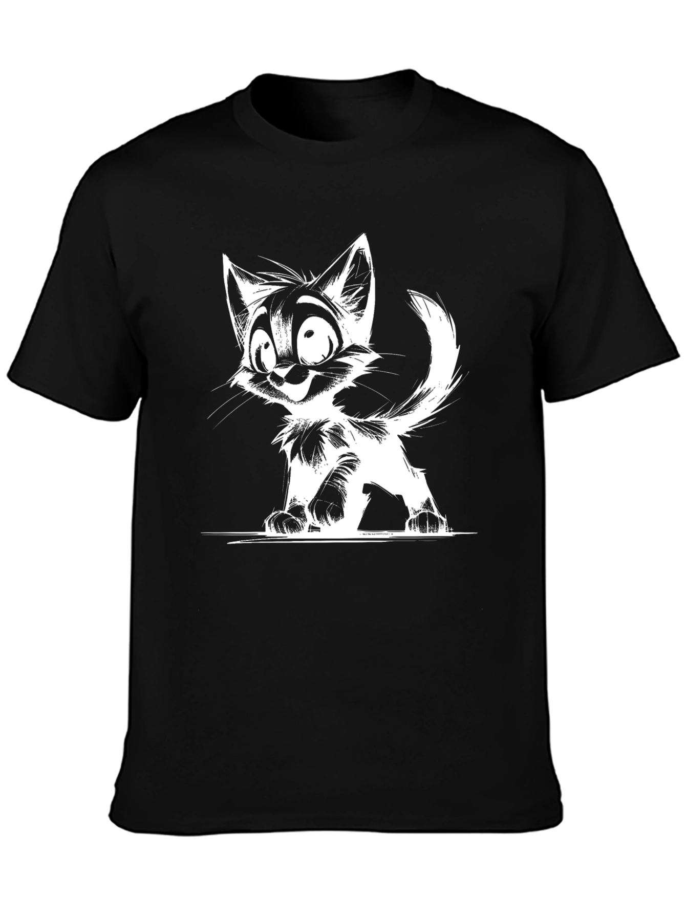 Black Cartoon Cat Graphic T-Shirt - Black view 3