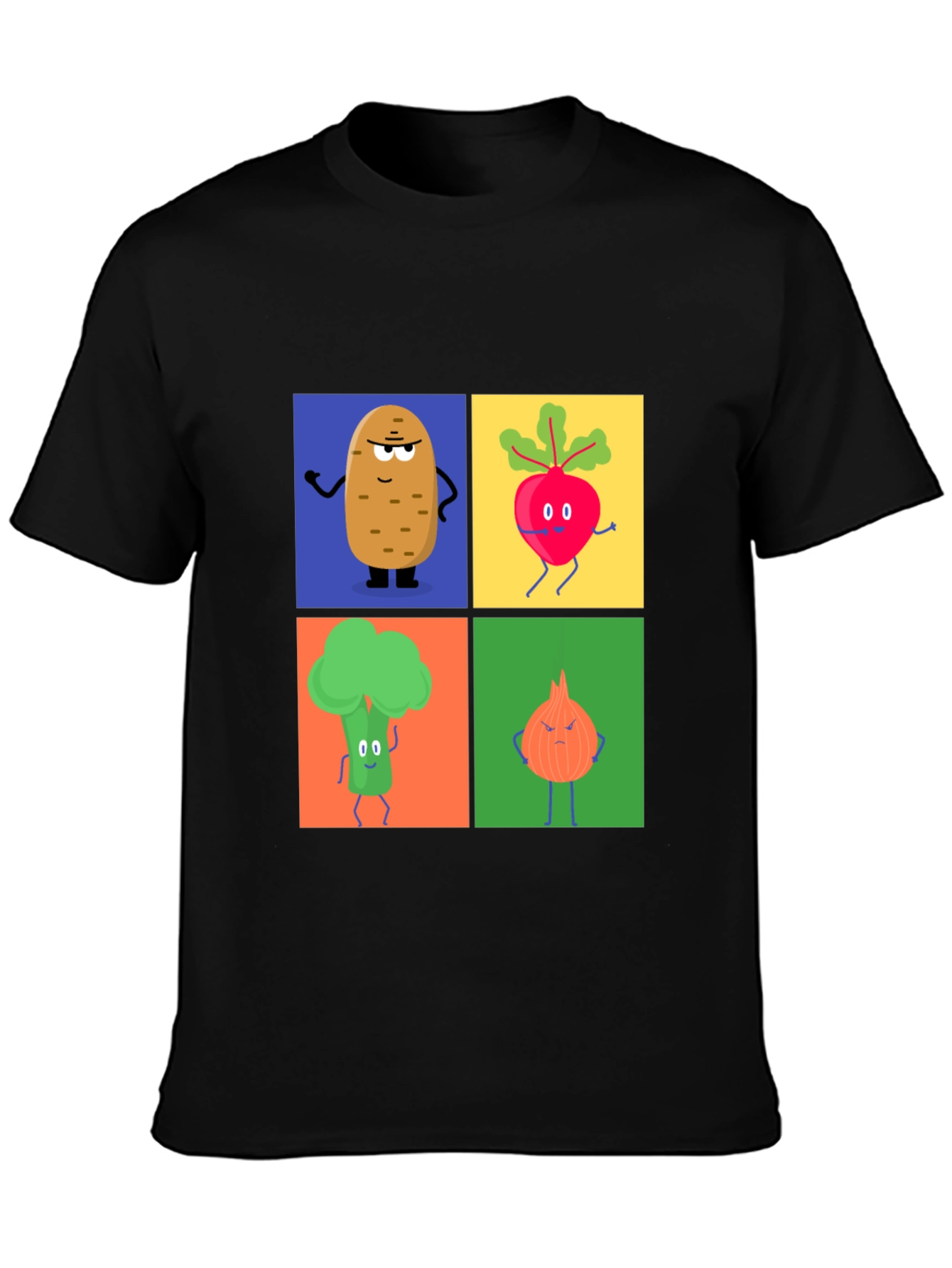 Black Veggie Cartoon T-Shirt: Potato, Beet, Broccoli, Onion view 3